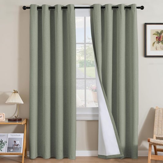 H.VERSAILTEX Linen Curtains 100% Blackout Curtains for Bedroom 96 inch Long Full Light Blocking Nature Linen Blended Window Curtains for Living Room Nickel Grommet (2 Panels, Heathered Dried Sage)