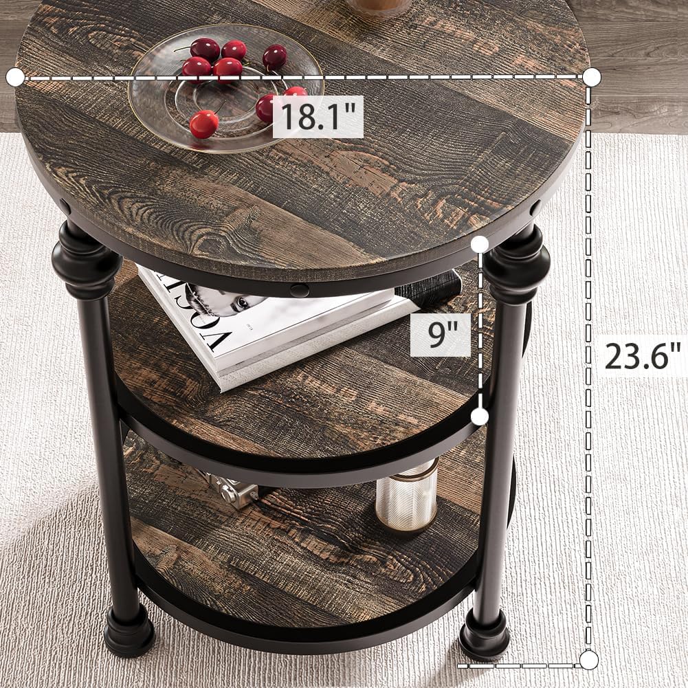 GarveeHome Round End Table with Storage Shelves, 3-Tier Round Farmhouse Side Table w/Mental Support Legs, Rustic End Table Accent Nighstands for Living Room Bedroom (A, Dark Oak)