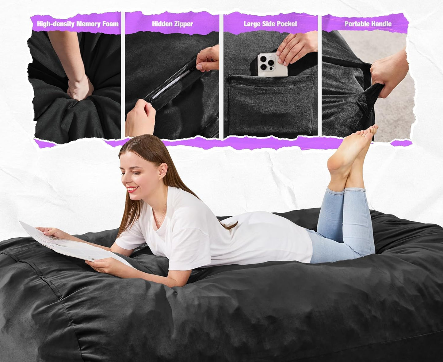 Hobestluk 6FT Bean Bag Chair Large Beanbag Lounger with Removable Cover Adult Bean Bag Chair with Portable Handle Desgin for Living Room Bedroom (Black, 6FT)