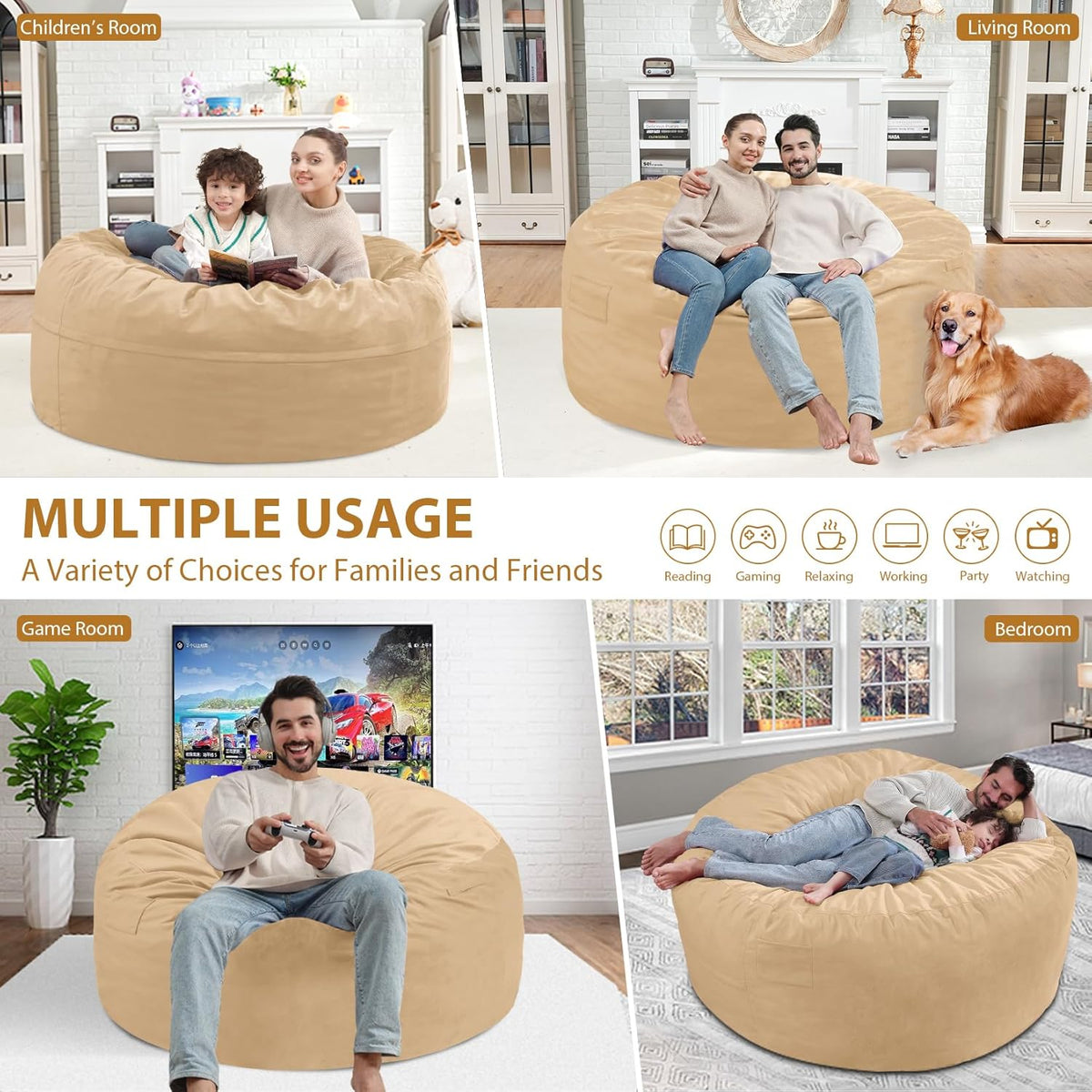 4FT Bean Bag Chair, Large Bean Bag Chairs with Memory Foam Filled, Fluffy Beanbag Sofa with Dutch Velvet Cover, Round BeanBag Chairs for Living Room, Playroom - Khaki