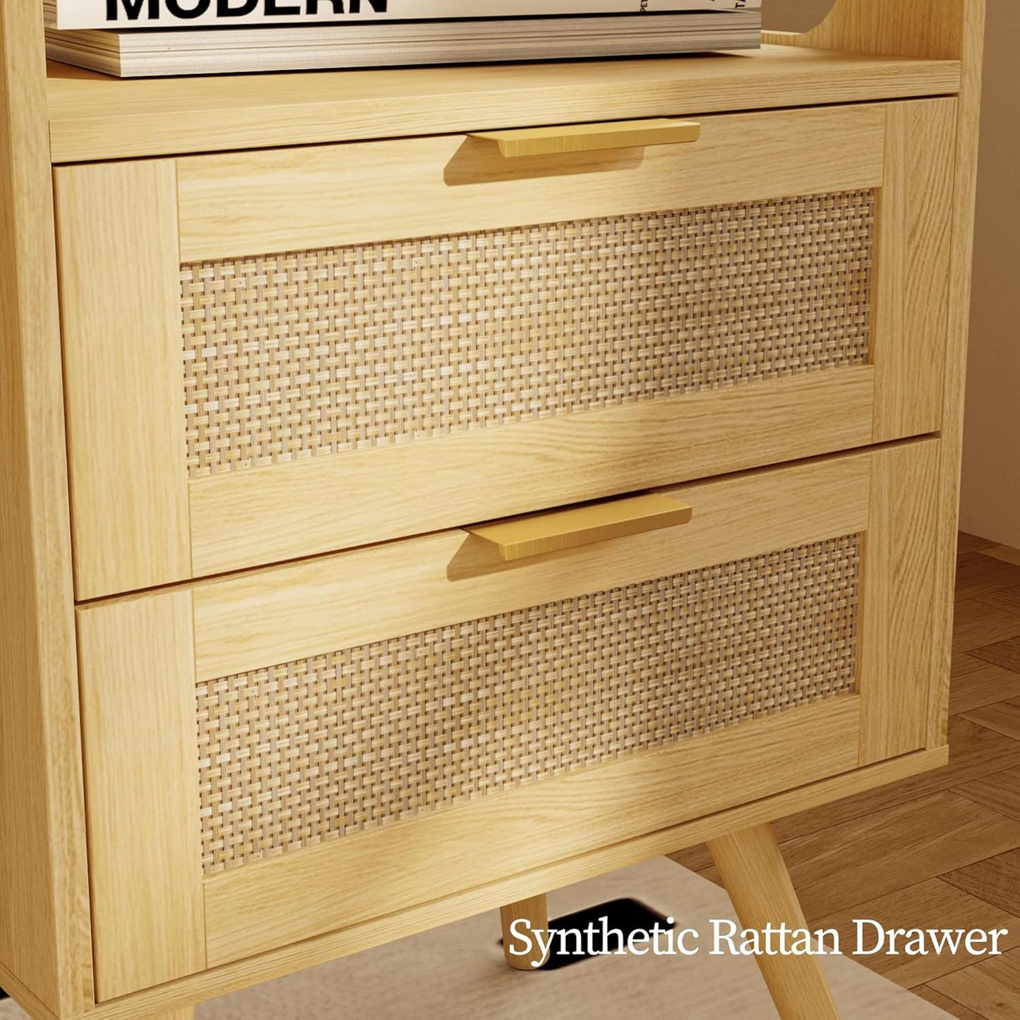 Rattan Nightstand with Charging Station,Farmhouse Bedside Table with 2 Storage Drawer and Open Wood Shelf, for Bedroom and Small Spaces,Night Stand with Solid Wood Legs (Yellow Oak-Outlet)