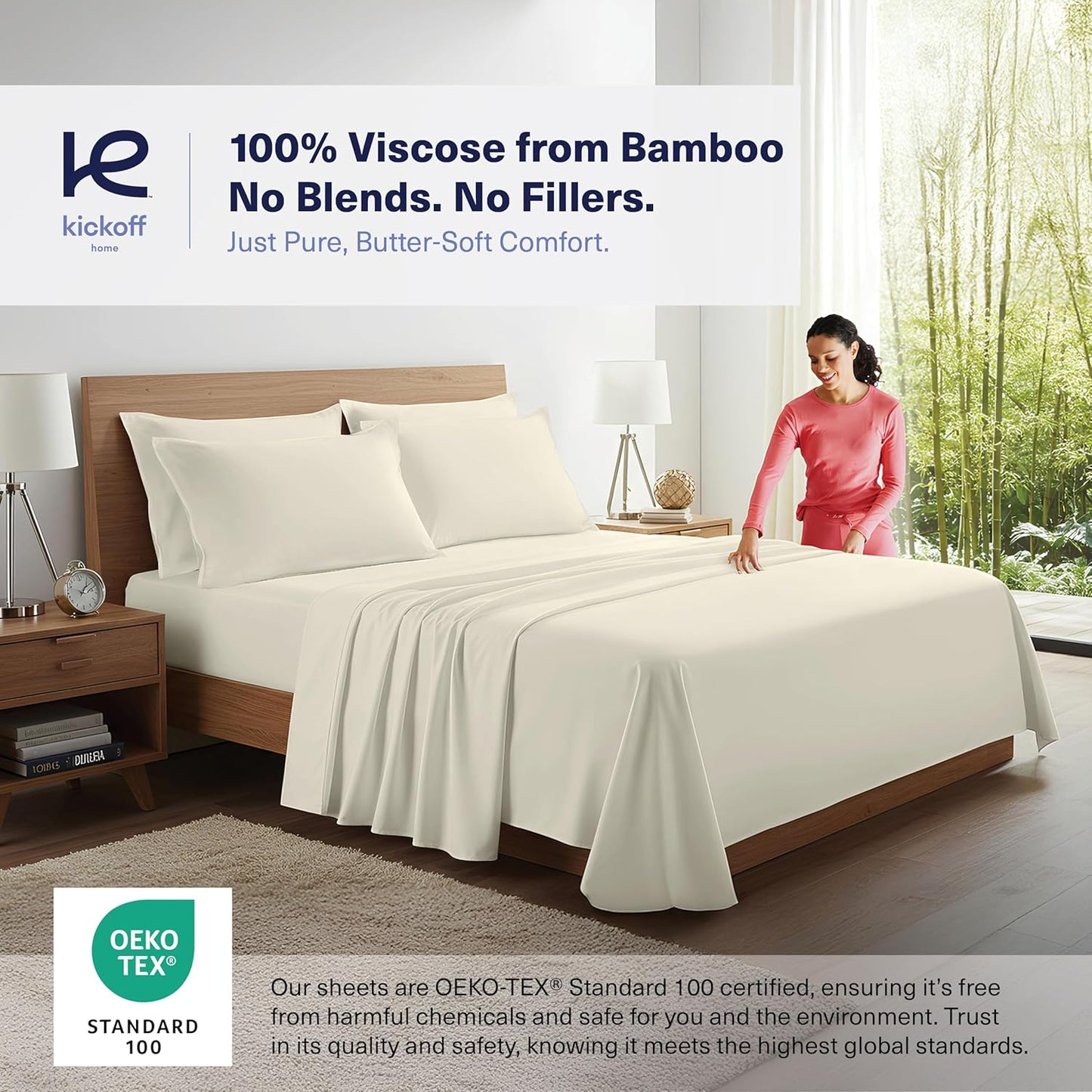 Kickoff Viscose Bamboo Sheets King Size 4-pc 100% Organic Bamboo Viscose Bed Cooling Sheets King Size Set Cool Bedding for hot Sleepers Sheet, Flat, Fitted, Pillowcases (Buttercream,K)