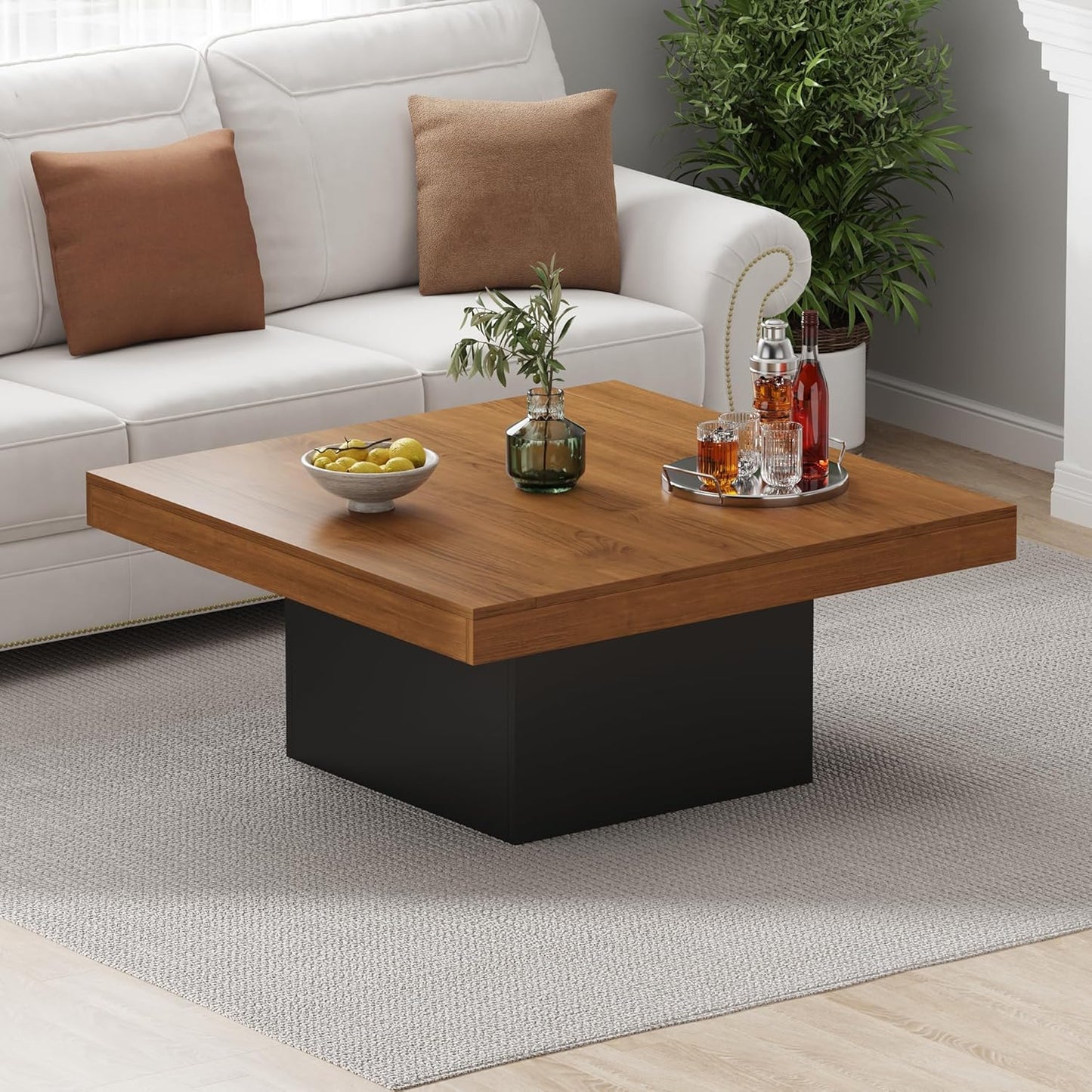 GarveeHome Square Coffee Table with Led Lights, 35 inch Living Room Tables, Modern Coffee Tables with Plug-in 16-Color LED Lights, Cocktail Table for Home Office, Apartment, Reading Room