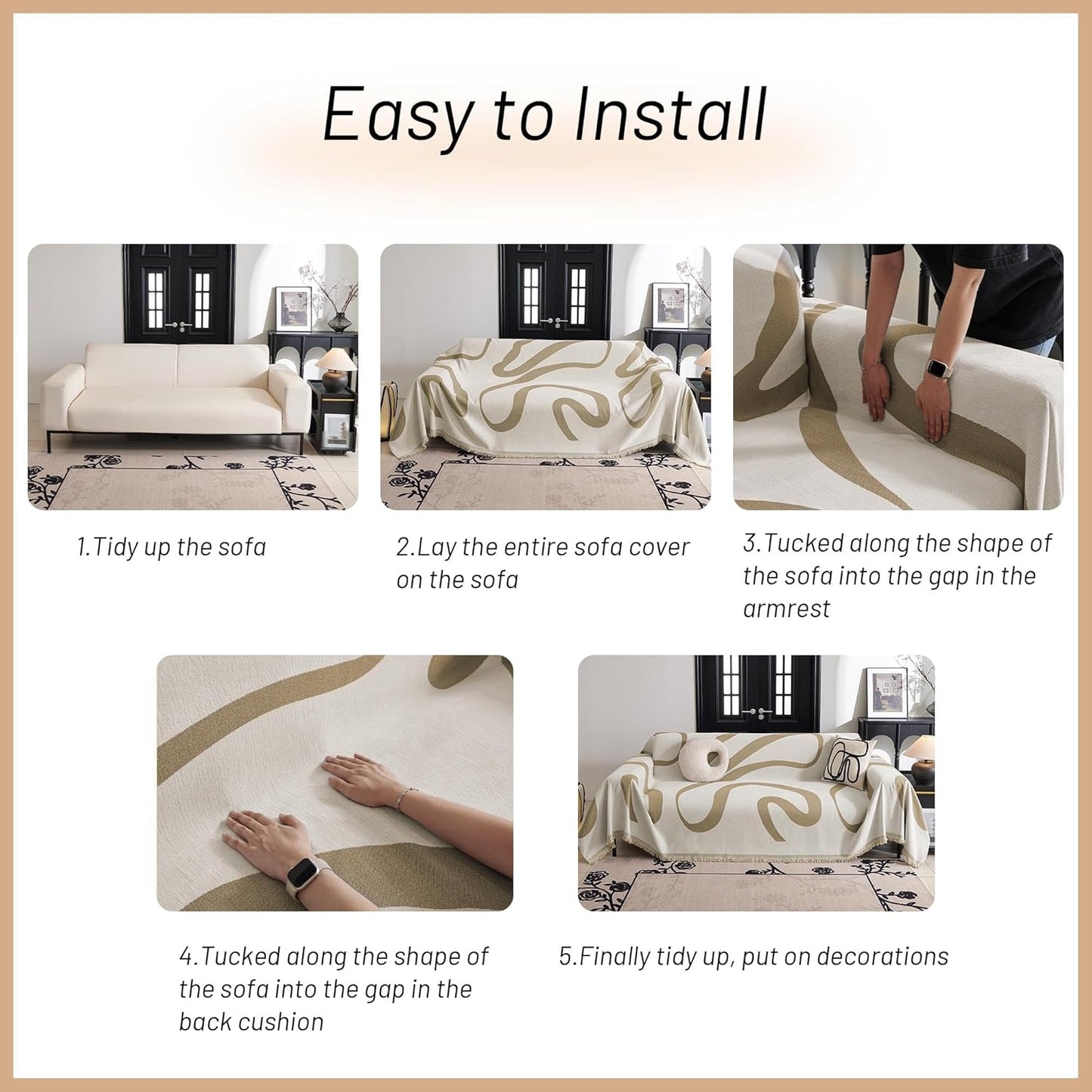 MYSKY HOME Boho Couch Cover Super Soft Couch Covers for 2-3 Cushion Couch Sofa, Modern Khaki Jacquard Sofa Slipcover Loveseat Futon Cover, Couch Covers for Sectional Sofa, 71" x 118", Khaki Curve