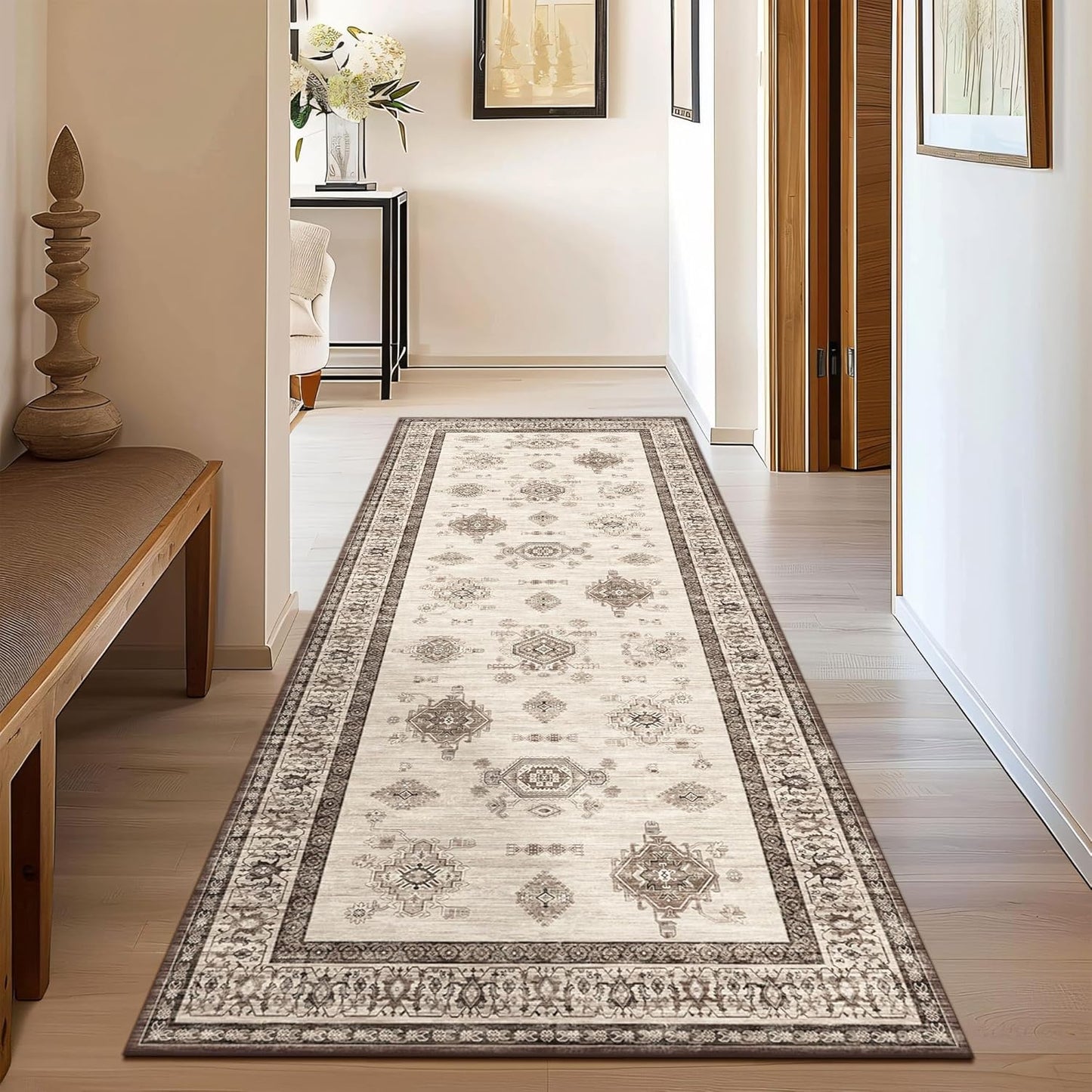 2X5 Area Rugs Machine Washable Rugs for Living Room, Vintage Boho Large Rugs for Bedroom Dining Room, Non Slip Indoor Soft Distressed Lightweight Thin Low Pile Carpet, Beige