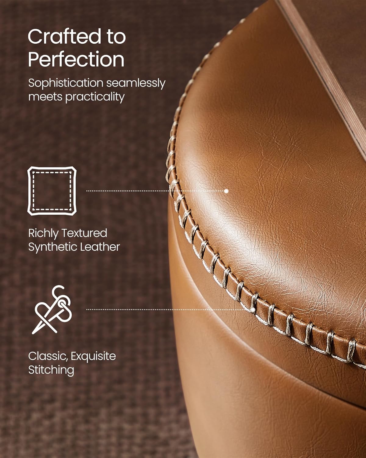VASAGLE EKHO Collection - 360° Swivel Bar Stool, Height Adjustable Barstool with Storage, Synthetic Leather with Stitching, Mid-Century Modern, Kitchen Bar, Easy Assembly, Caramel Brown