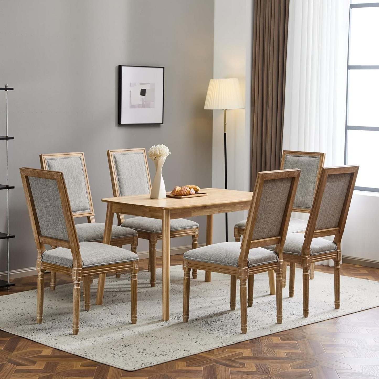 Merax Upholstered Solid Wood Dining Chairs Set of 6, French Country Style Accent Side Seating Furniture for Kitchen, Living Room, Cushioned Back, Grayish Green