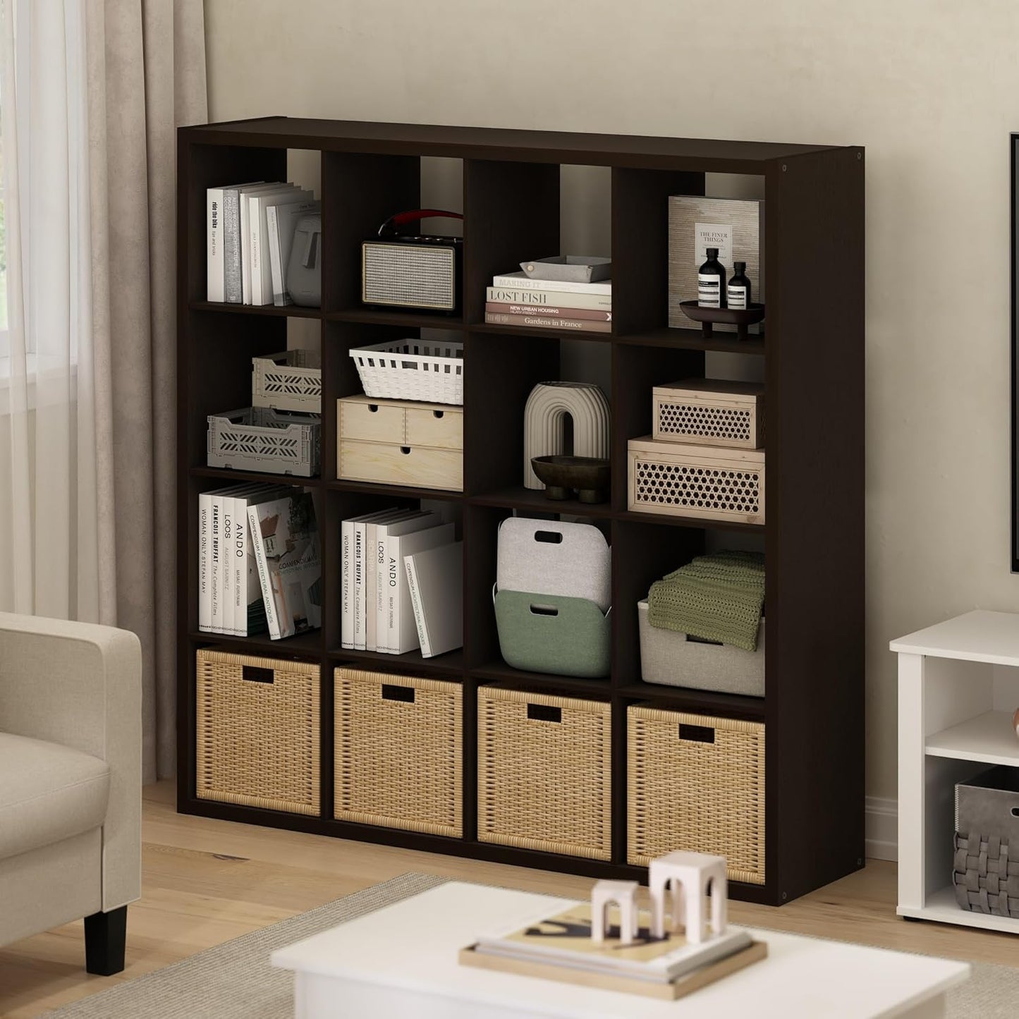 Furinno Cubicle Open Back Decorative Cube Storage Organizer, 16-Cube, Black Dark Oak