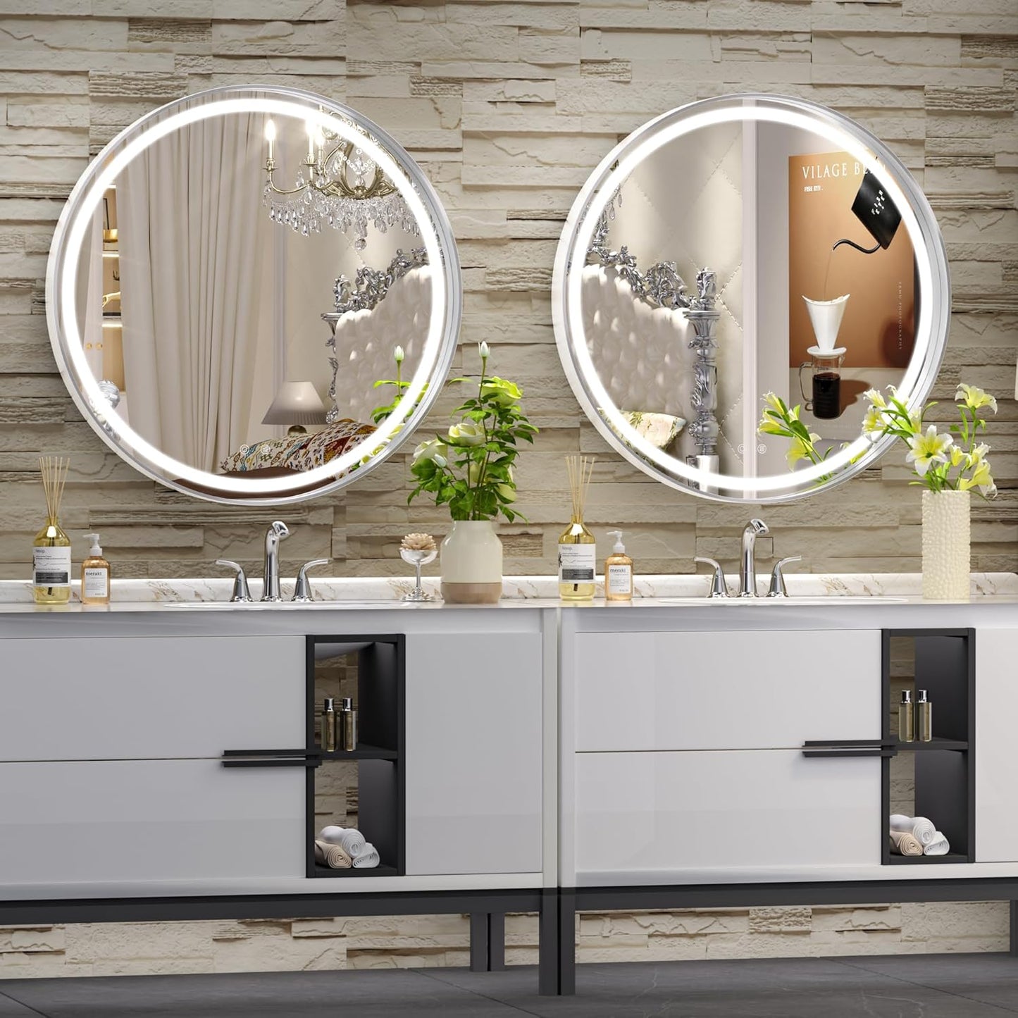 Hasipu 24 Round LED Mirror for Bathroom with Lights, Silver Circular Vanity Mirror for Wall, Metal Framed Frontlit Bathroom Mirrors Anti-Fog, Dimmable, 3 Colors Makeup Mirror Wall Mounted