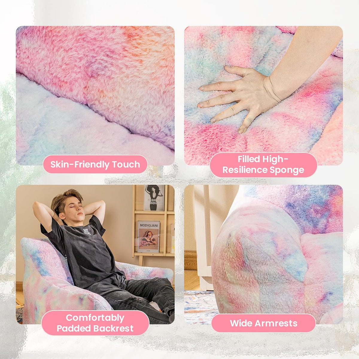 Bean Bag Chair, Sherpa Accent Beanbag Chair and Ottoman Set, Fur Faux BeanBag Chair with Memory Foam Filled, Lazy Sofa Comfy Cozy BeanBag Chair for Dorm, Apartment, Living Room (Colorful)