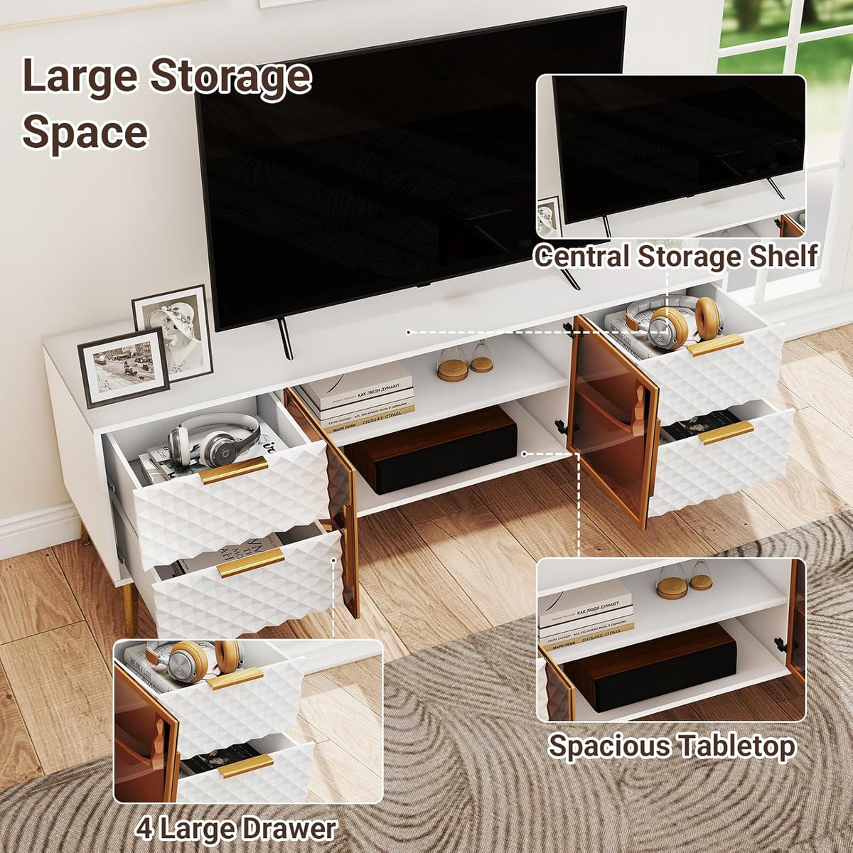 Rovibek 59" Modern TV Stand, Entertainment Center TV Console with Storage Drawers and Open Shelves, Media Console for Living Rooms and Bedrooms
