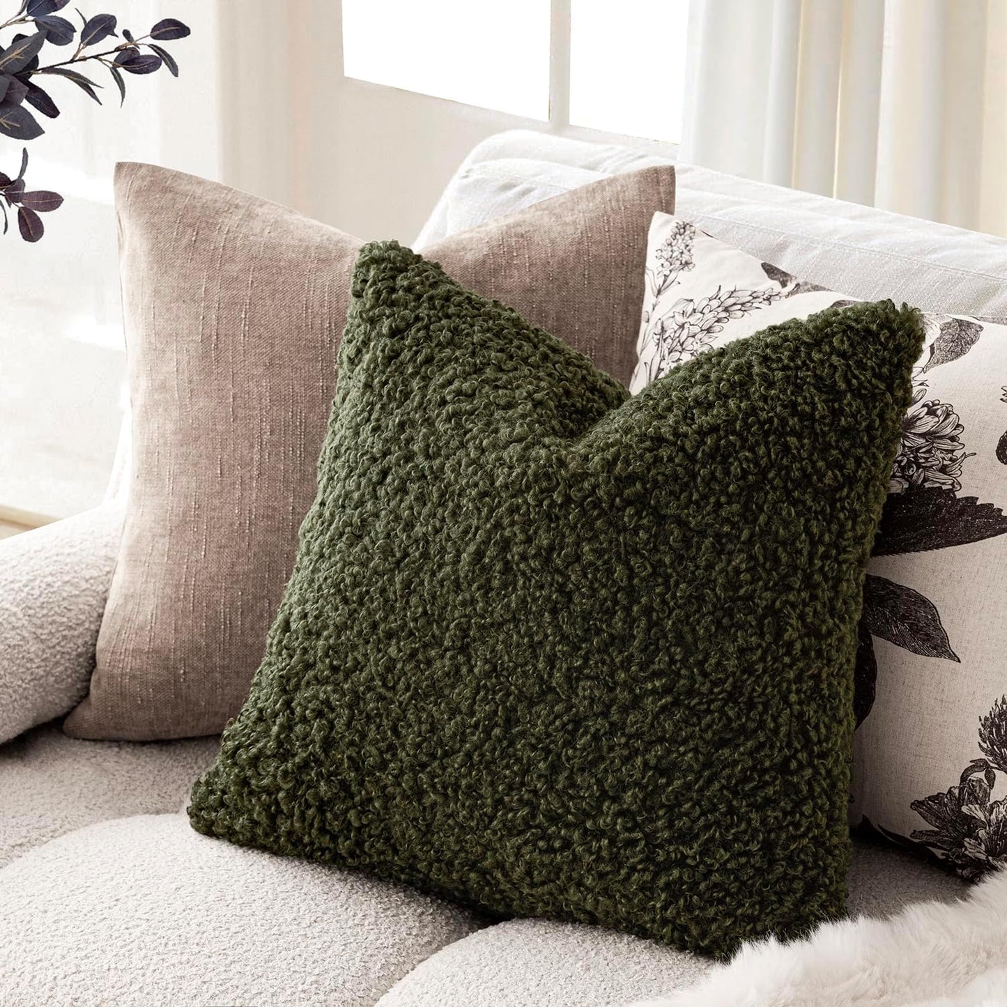 Foindtower 2 Pieces 26x26 Inch Olive Green, Faux Fur Throw Pillow Cover Accent Sherpa Furry Pillow Covers Fuzzy Soft Pillowcases Cozy Sheepskin Decorative Fleece Cushion Case for Bed Couch Living Room