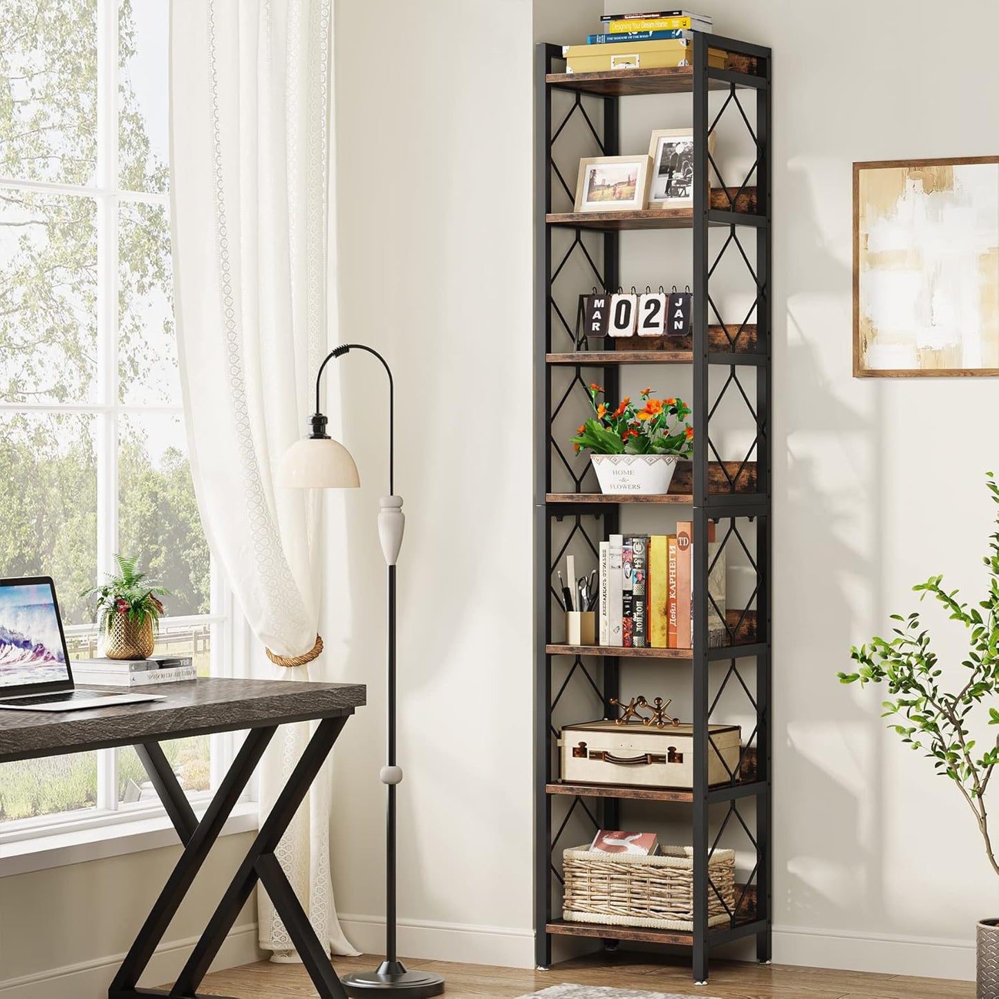 Tribesigns 78.7 Inch Extra Tall Narrow Bookshelf, 7 Tier Skinny Bookcase for Small Spaces, Freestanding Display Shelves, Multifunctional Corner Storage Organizer for Home Office, Rustic Brown