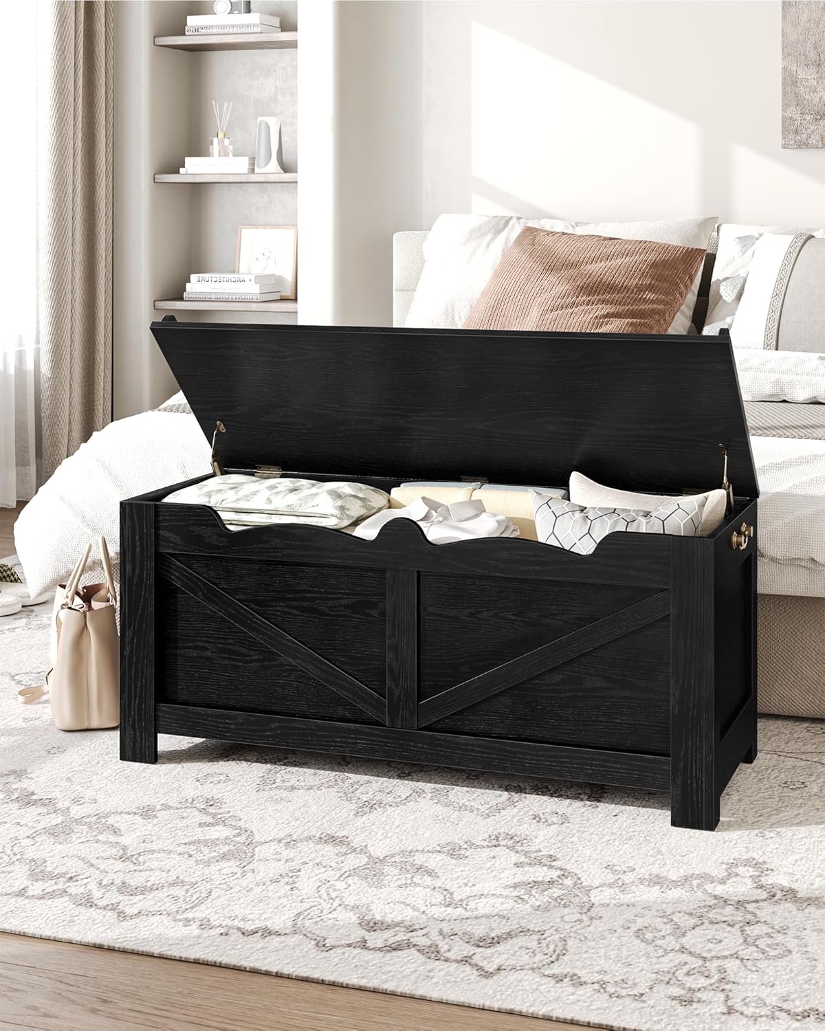 39.4" Storage Bench, Storage Chest, Lift-Top Storage Trunk with 2 Safety Hinges, Wooden Storage Box Chest Organizer for Bedroom, Entryway, Living Room, Black SB04504X