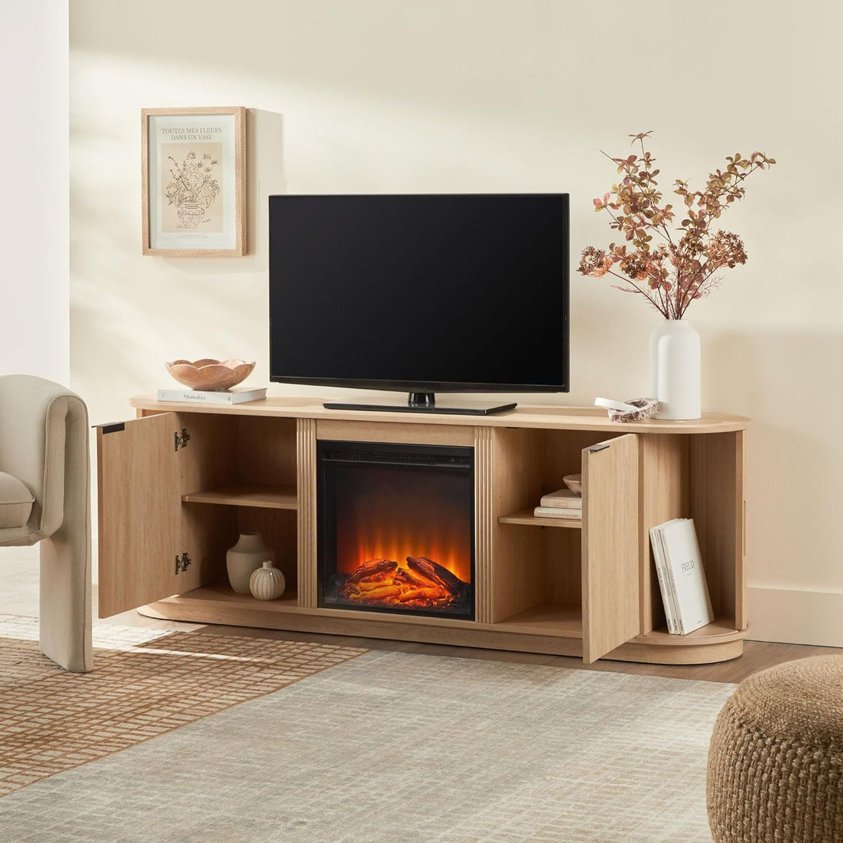 Walker Edison Chloe Reeded TV Stand with Fireplace Insert, 75 Inch, 70 Inch, Coastal Oak