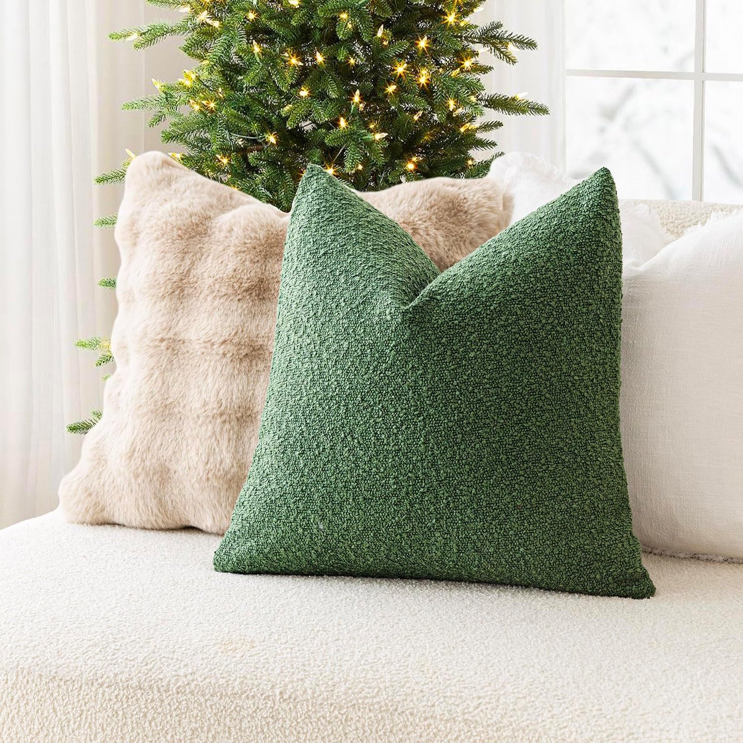 Foindtower Pack of 2 Textured Boucle Throw Pillow Covers Accent Solid Pillow Cases Cozy Soft Decorative Couch Cushion Case for Chair Sofa Bedroom Living Room Home Decor 20 x 20 Inch Hunter Green