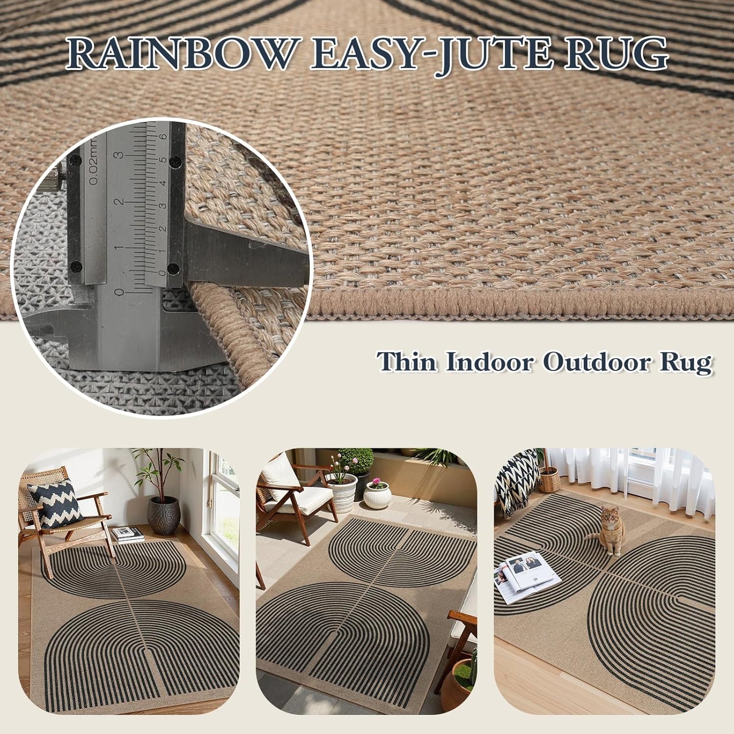 Lahome Modern Rainbow Easy Jute Office Rug, Outdoor Patio Rug 4x6 for Living Room Washable Carpet for Bedroom, Farmhouse Contemporary Non Slip Non Shedding Black Carpet for Backyard