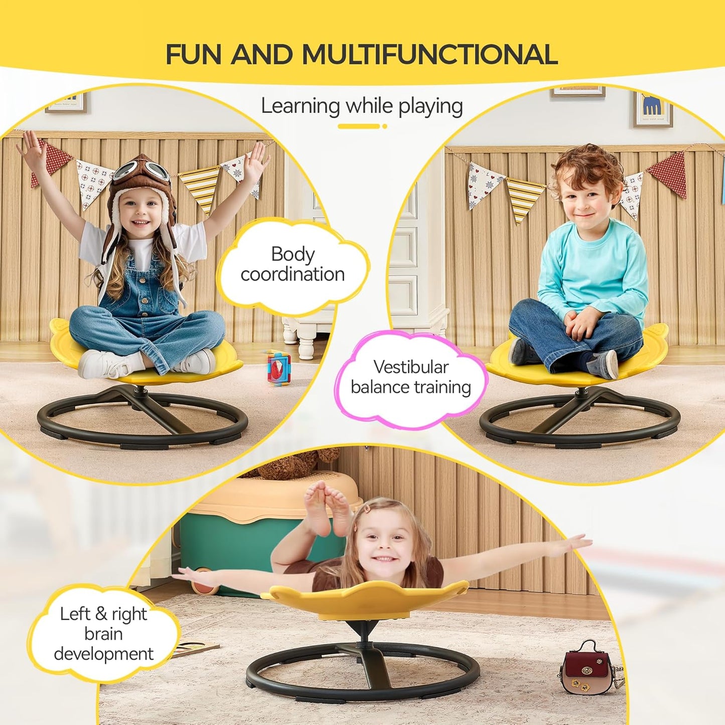 Swivel Chair for Kids, 360° Spinning Seat, Toddler Sit and Spin Wobble Chair, Sensory Balance Toys, Autism ADHD Chairs, Play Equipment Relief Motion Sickness for Boys Girls (Yellow)