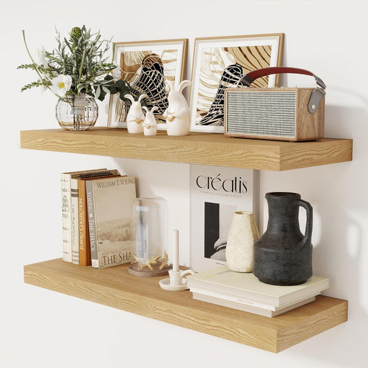 Floating Shelves 36 Inch Long, 12 Inch Deep Floating Shelves for Wall, 36 x 12 Shelves for Wall Storage & Display, 2" Thick Floating Shelf for Bathroom, Living Room, Bedroom, Oak Color, Set of 2