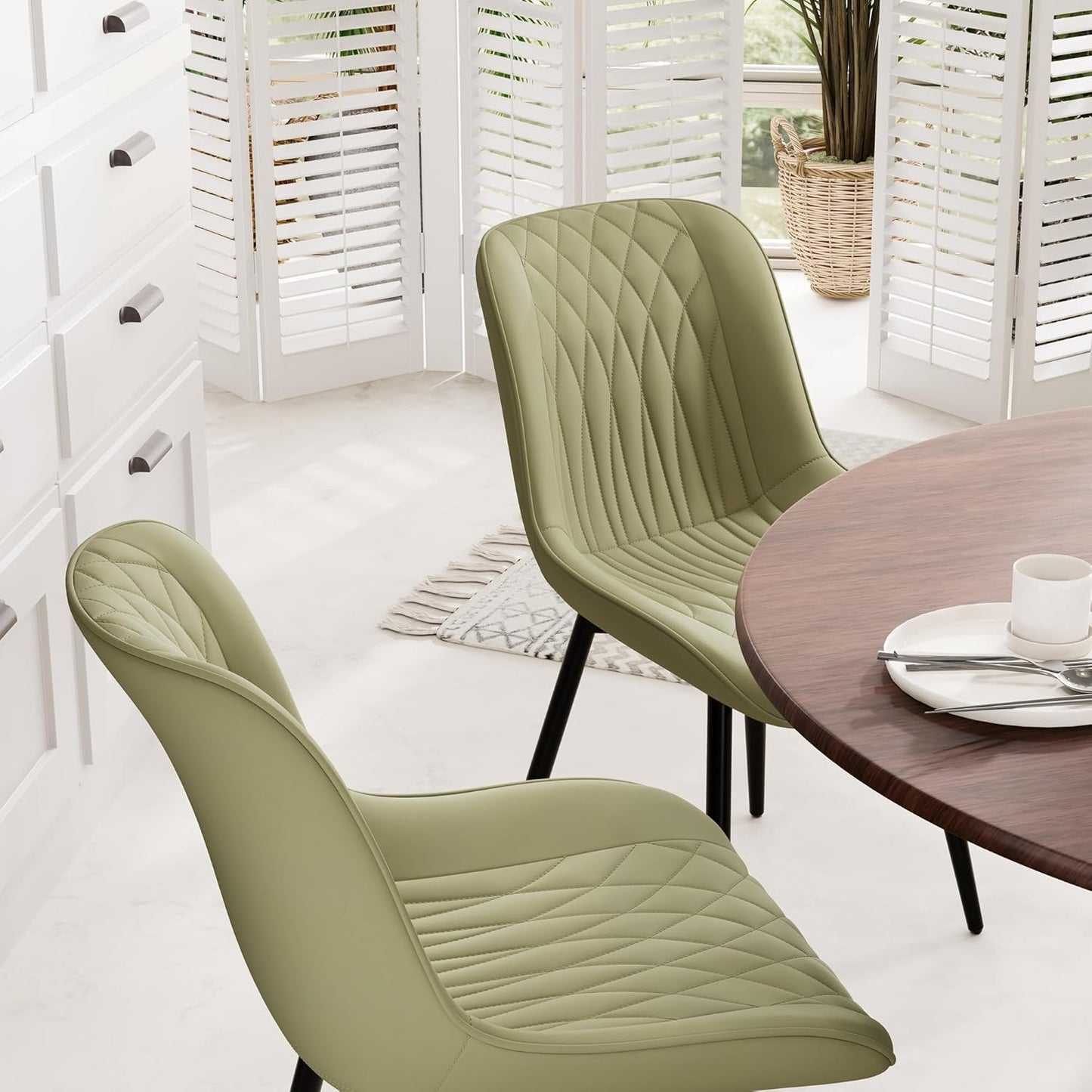 YOUNIKE Dining Chairs Set of 2 with High Back Mid Century Modern Kitchen Dining Room Chairs Faux Leather Upholstered Comfortable Wide Seat Padded Accent Side Chair for Living Room Avocado Green