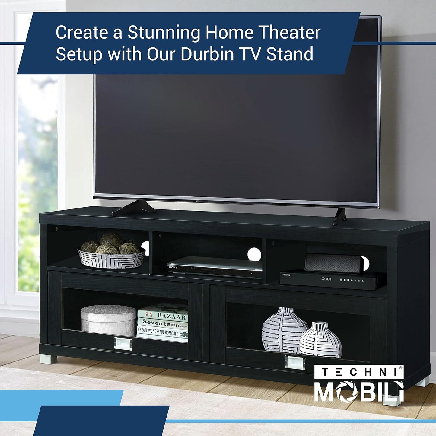 Techni Mobili TV Stand for 55+ Inch TV - Durbin Entertainment Center for 65 Inch TV - Living Room & Media Furniture with Glass Storage Cabinet Drawers, Shelves, & Cable Management Opening - Black