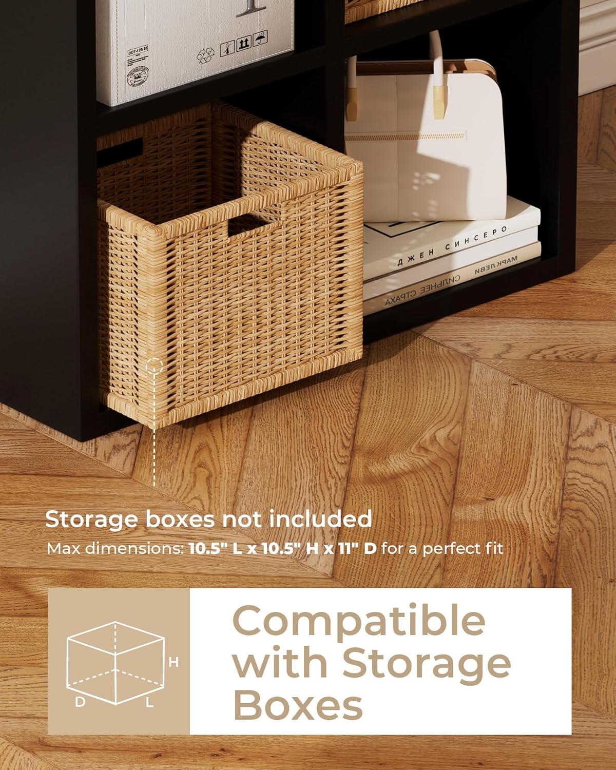 GTPLAYER 4-Cube Storage Organizer, Fits 11" Bins, Vertical or Horizontal Use, Opening Bookshelf, Partial Back Panels, Stackable Design Bookcase, for Desk, Vanity, Entryway, Black