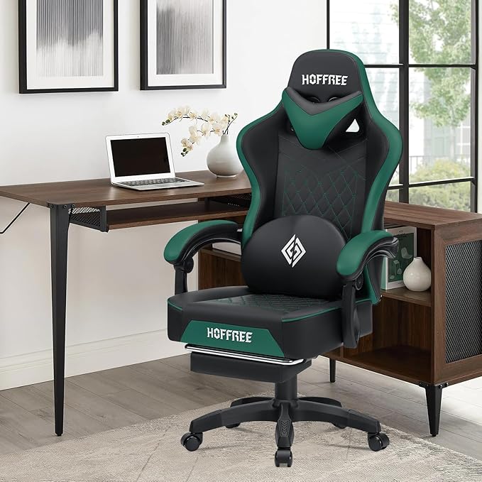 HOFFREE Gaming Chair with Speakers Massage Computer Gaming Chair with Pocket Spring Cushion for Adults Reclining Gamer Chair with Bluetooth Video Game Chairs with Footrest Green and Black