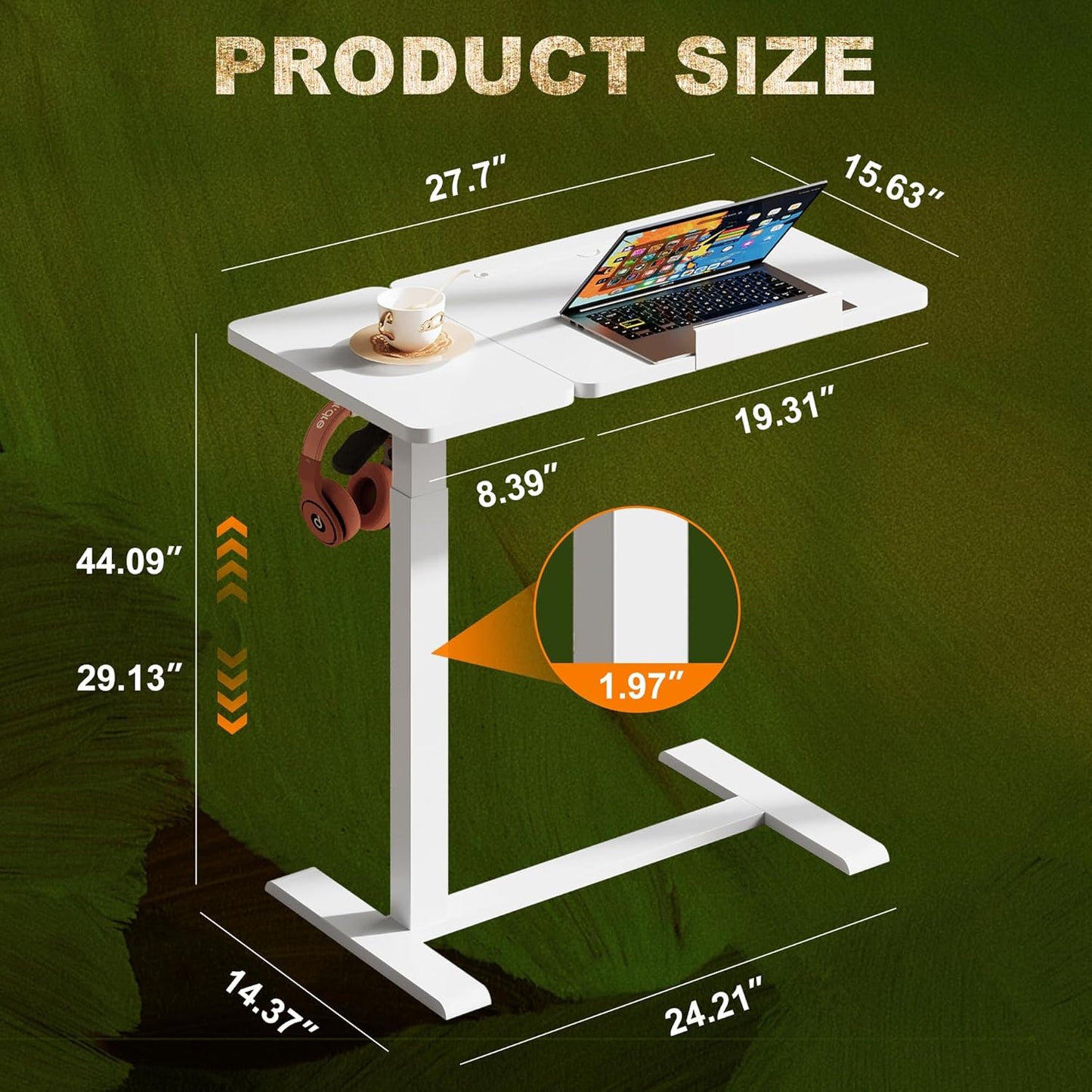 Standing Desk, Medical Overbed Table with Rolling Tray, Dual Pneumatic Angle and Height Adjustable Desk, Portable Side Table with Hidden Wheels, Home & Hospital Use, White