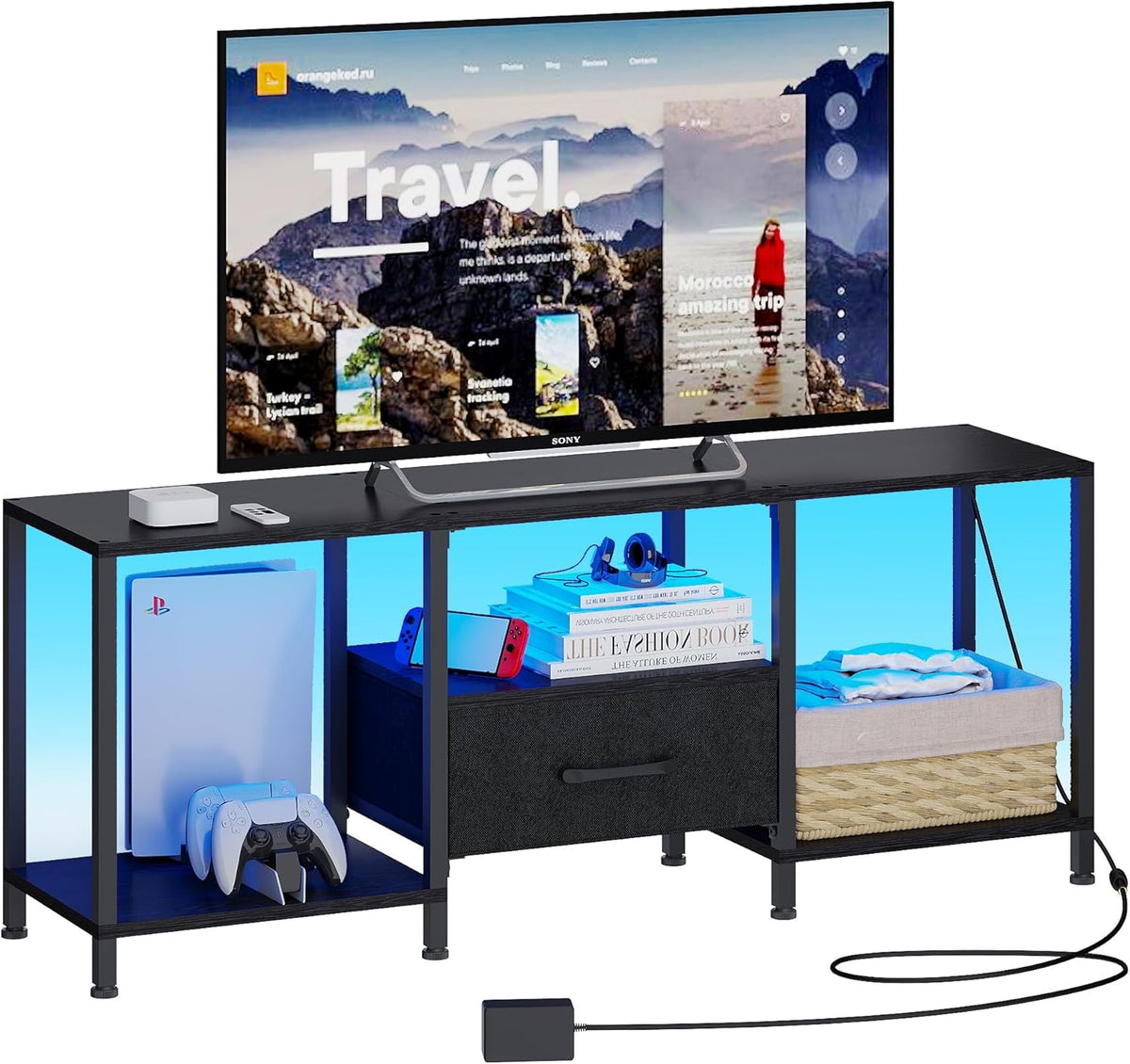 TV Stand with LED Lights, Entertainment Center with Open Shelves and Fabric Drawer, Media Console for 55 Inch TV, Television Stands for Living Room, Bedroom, Black