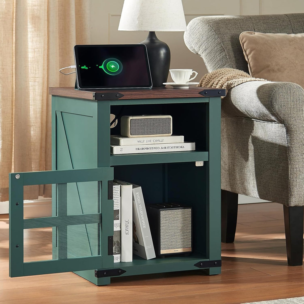 Farmhouse Nightstand with Charging Station, Rustic End Table with Tempered Glass Barn Door, Wood Sofa Side Bedside Table with Open Storage Shelf for Living Room, Bedroom, Green