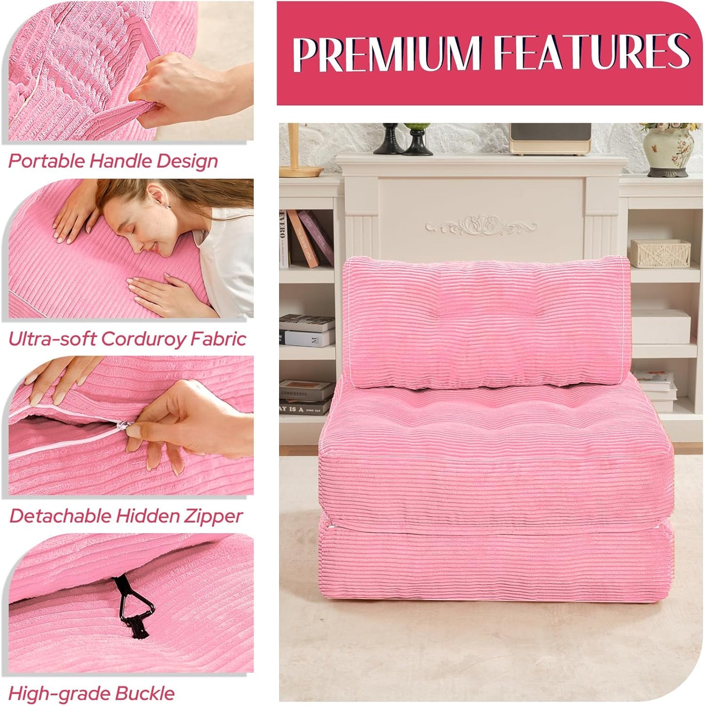 HABUTWAY Folding Sofa Bed, Convertible Sleeper Chair Bed w/Dual-Pillow & Handle, Foldable Floor Sofa Lounge w/Back Support for Living Room, Bedroom, Apartment, Office, Pink