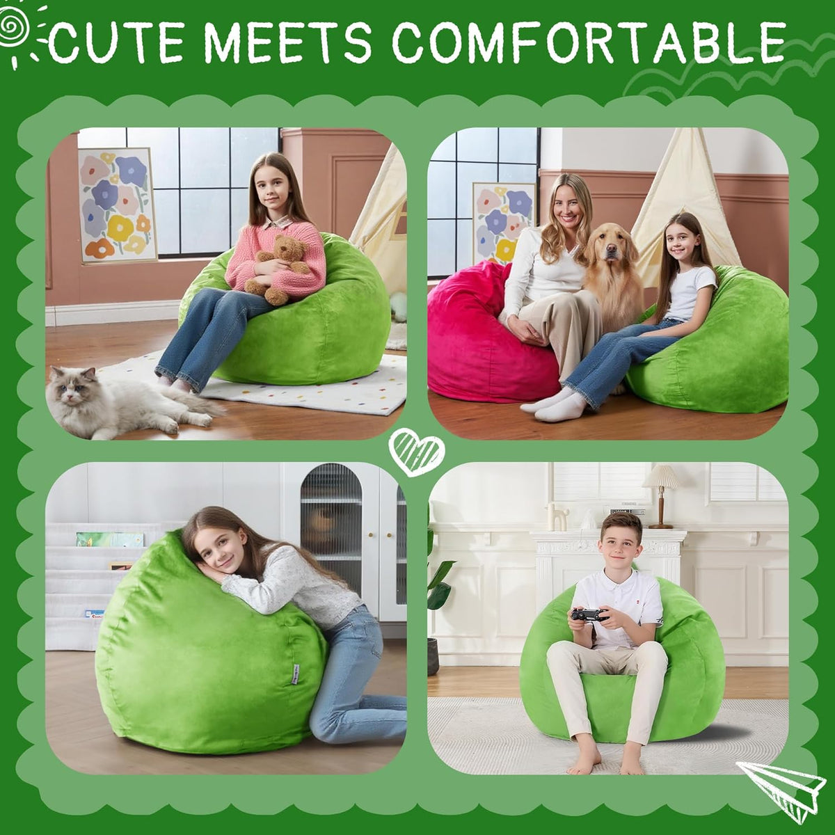 2FT Bean Bag Chair with Ultra Soft Velvet Cover Bean Bag Sofa with Memory Foam Bean Bag Chairs with Large Size Lazy Sofa for Dorm Office Living Room Bedroom Grass Green 2'
