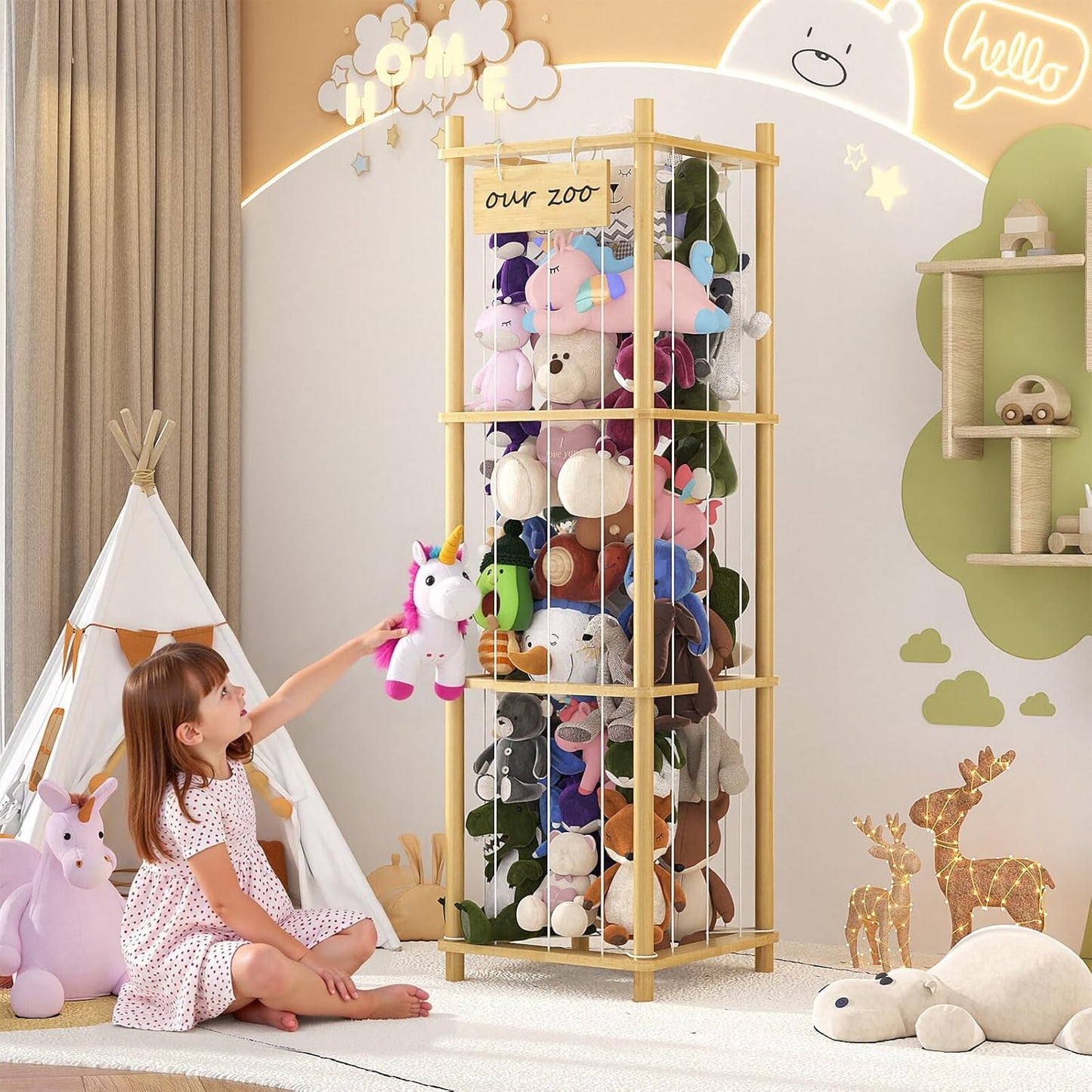 Bamboo Stuffed Animal Storage Zoo, Large Capacity Plush Toy Cage, Wood Stuffed Animals Holder for Toddler Room, Playroom, Bedroom