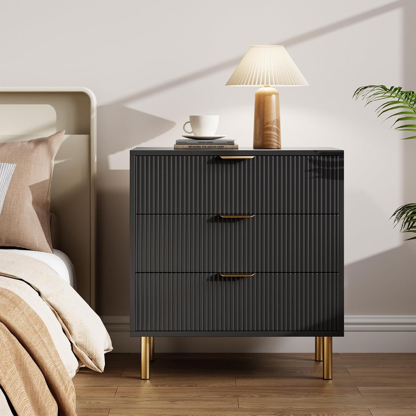 Black Dresser, Modern 3 Drawer Dresser for Bedroom with Gold Handle and Large Drawer, Wood Double Chest of Drawers and Storage Organizer for Living Room, Hallway, Entryway
