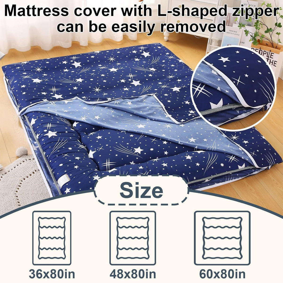 Bohemian Retro Japanese Floor Mattress, Vintage Floral Tatami Floor Mat, Portable Roll up Futon Mattress for Guest,Tavel (Starry,Queen80 X 60")