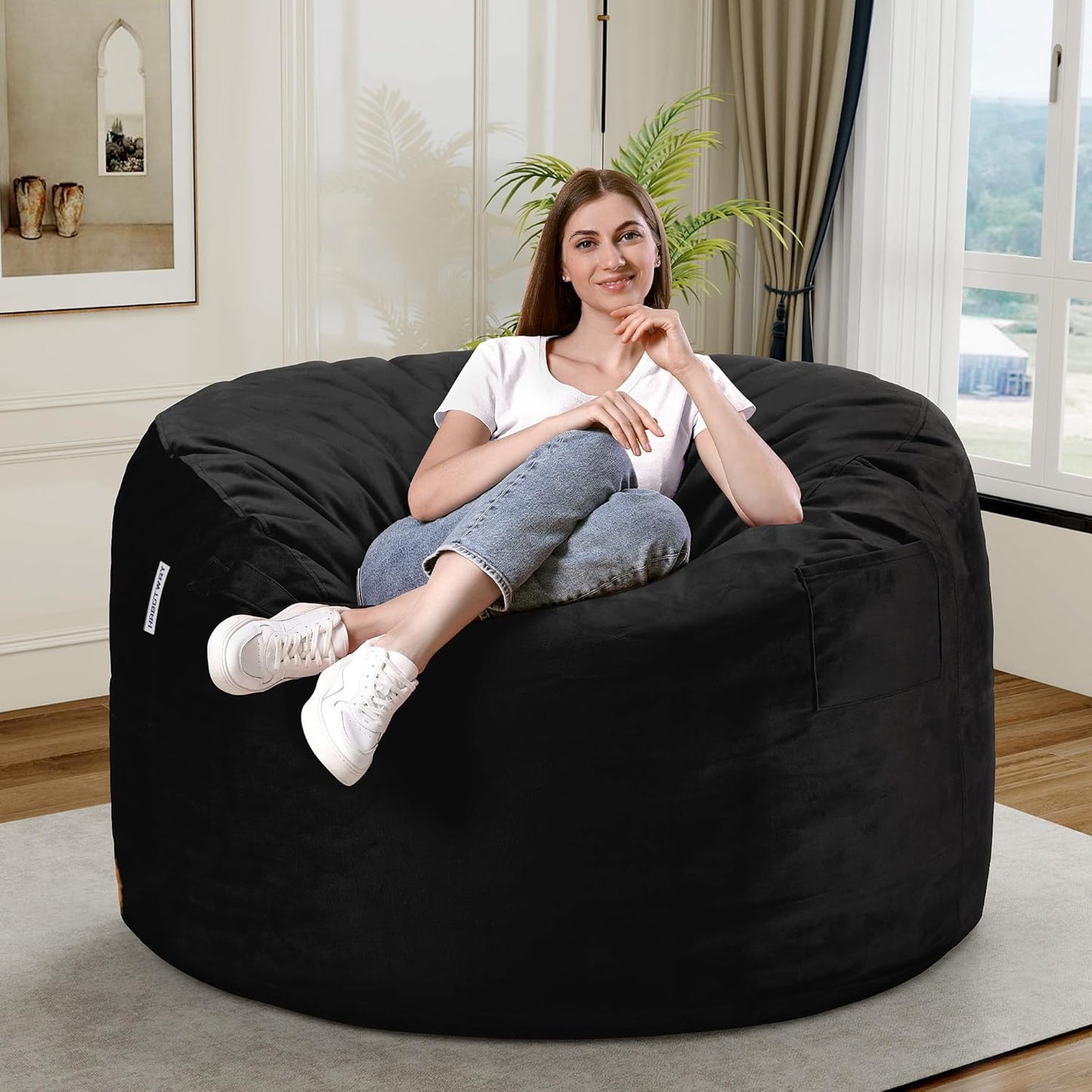 HABUTWAY Bean Bag Chair 3Ft Luxurious Velvet Ultra Soft Fur with High Rebound Memory Foam Bean Bag Chairs for Adults Plush Lazy Sofa with Fluffy Removable Sponge 3' (Black New)