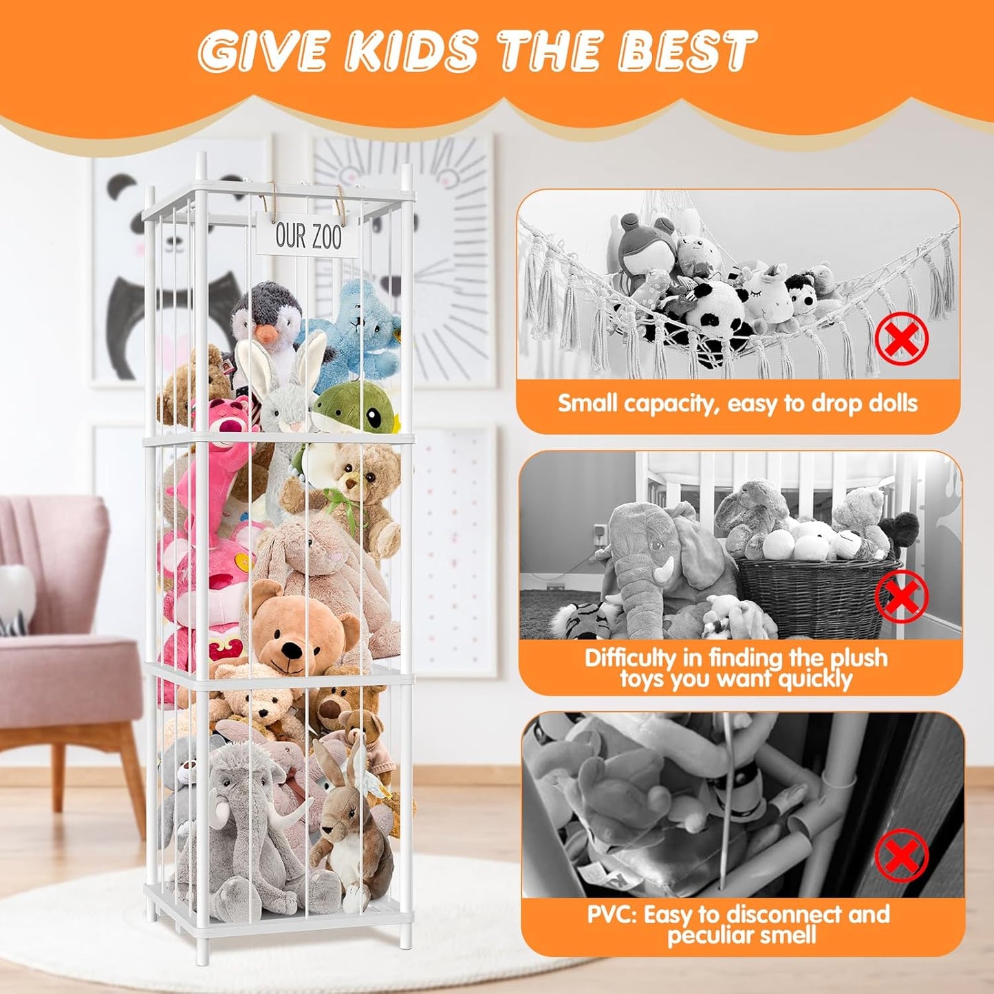 Stuffed Animal Storage, 54 inch Large Plushy Organizers, Wood Stuffed Animal Zoo Storage, Space Save Vertical Stuffed Animals Holder Holds 50+ Stuffed Animals for Nursery Playroom Bedroom (White)