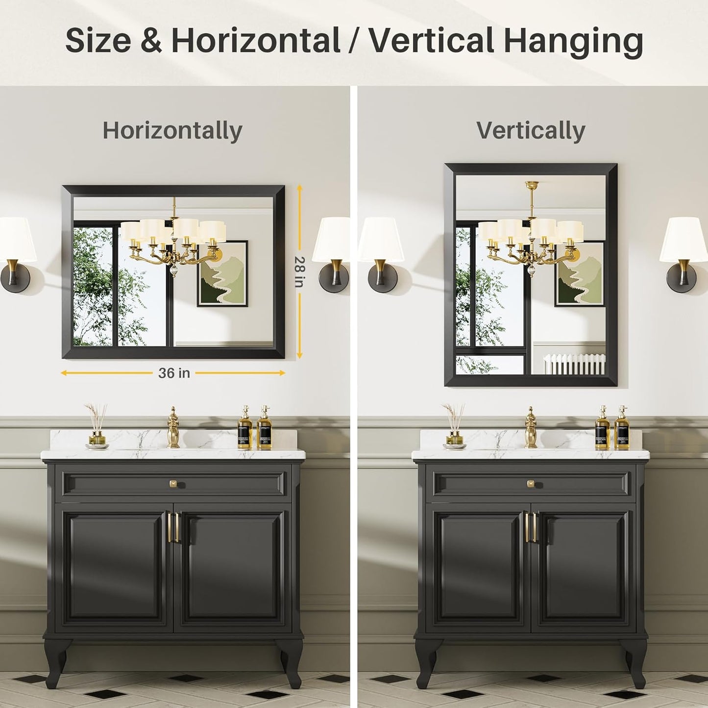 28x36 Inch Black Bathroom Mirror for Wall, Thick Metal Framed Rectangle Mirrors for Over Sink, Bedroom, Living Room, Entryway, Anti-Rust, HD Tempered Glass