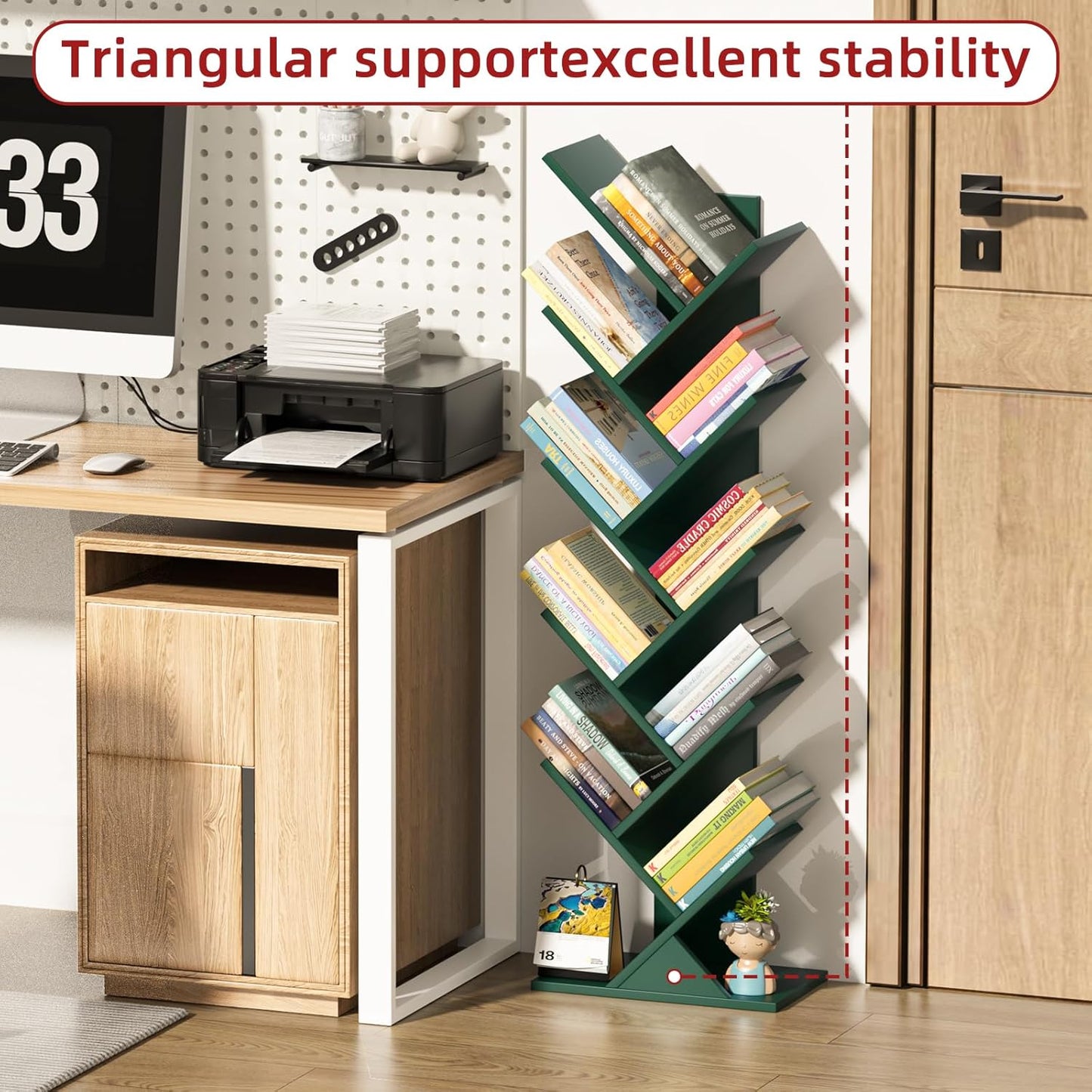 10 Tier Tree Book Shelf, Floor Standing Wood Bookshelf for Narrow Space, Storage Organizer Bookshelves for Books/CDs/Magazine, Bookcase with Shelves for Home Office, Living Room