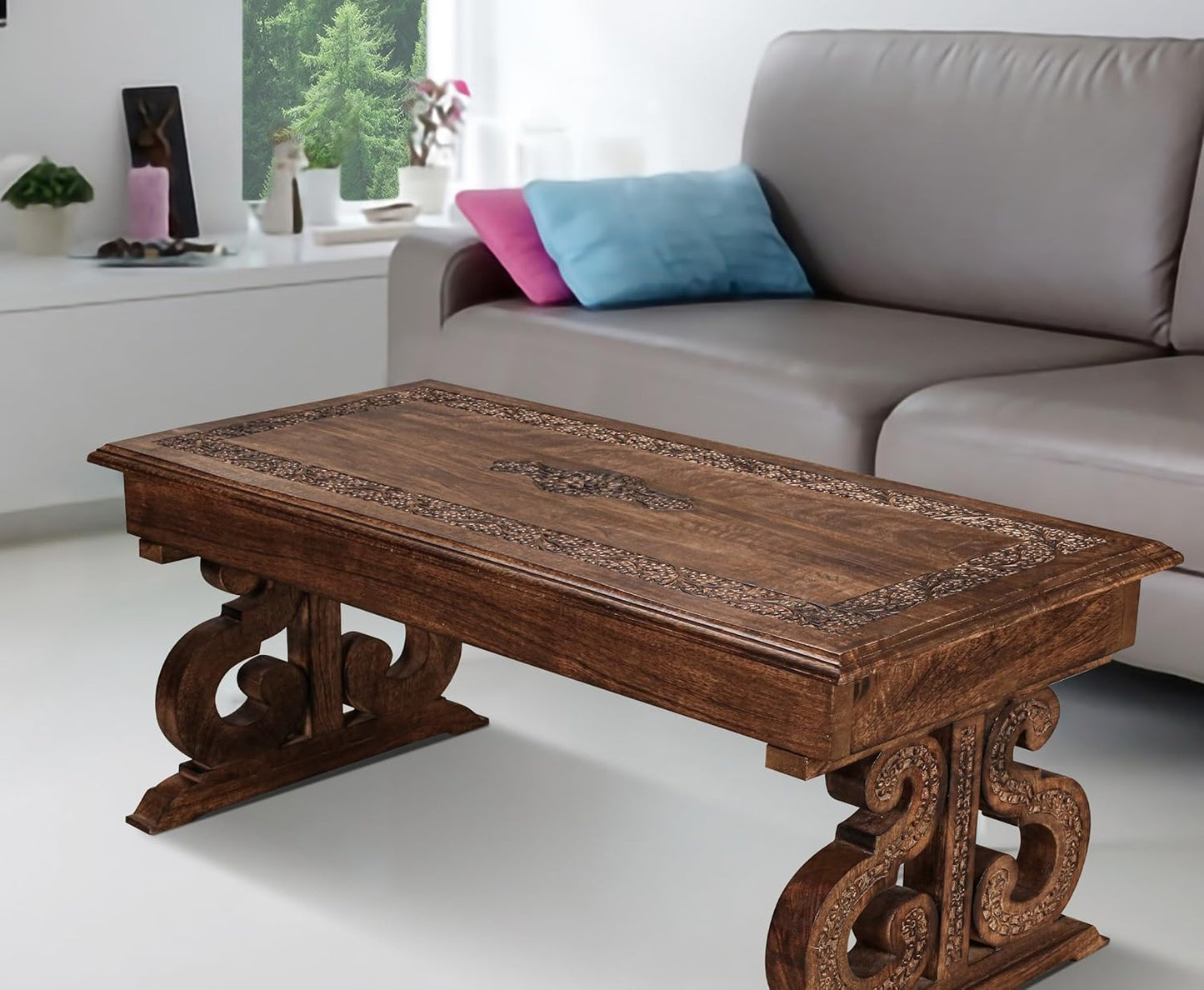 Lightnpro Handcrafted Mango Wood Rectangular Coffee Table - Vintage Rustic Living Room Center Table with Intricate Carving, Modern Farmhouse Style, Eco-Friendly Furniture - 40x18 Inch Burnt Finish