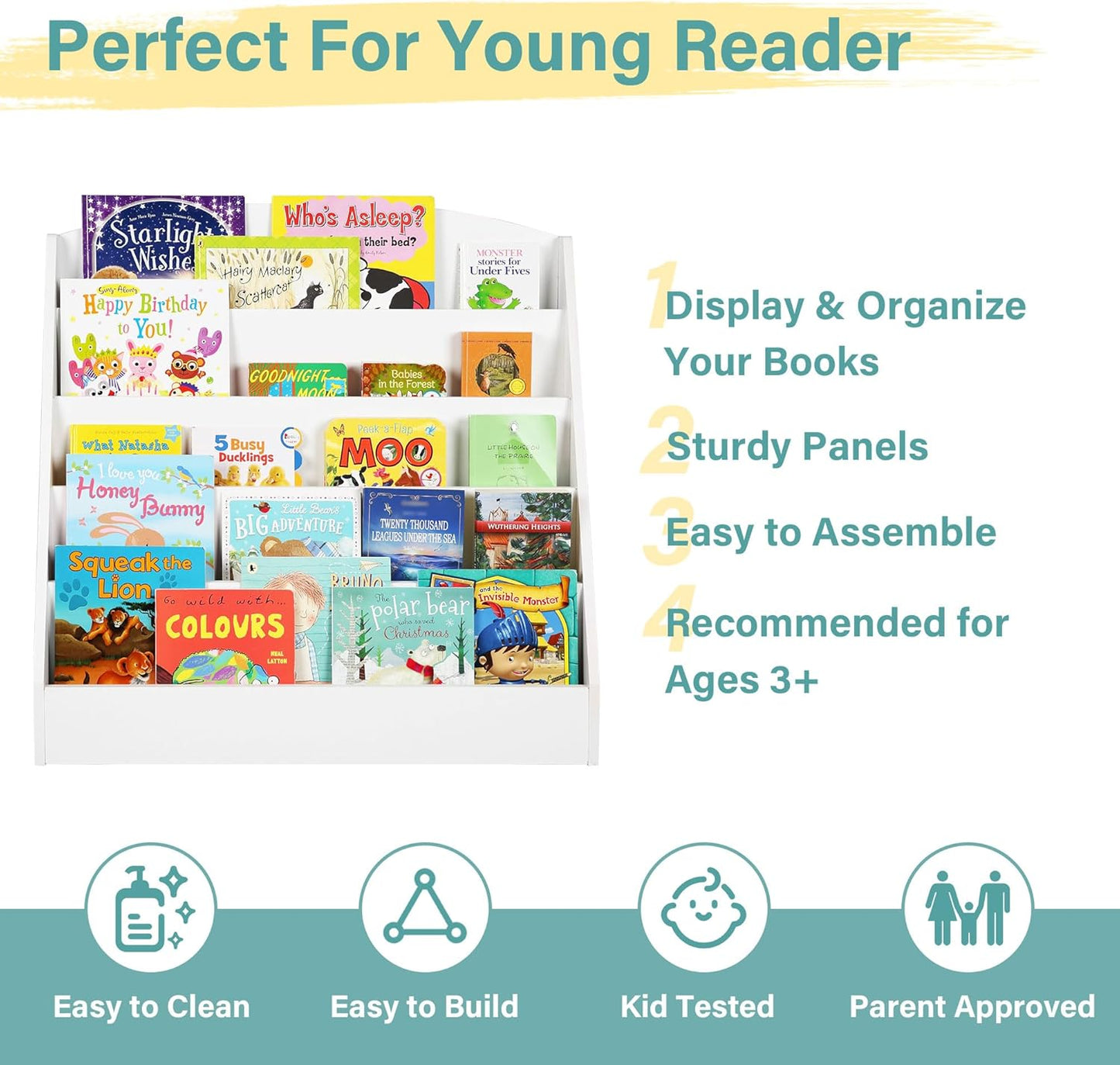 TOETOL 5-Tier Kids Bookshelf - Toddler Book Display Shelves for Classrooms, Playrooms, and Nursery - Wooden Children Book Rack (White)