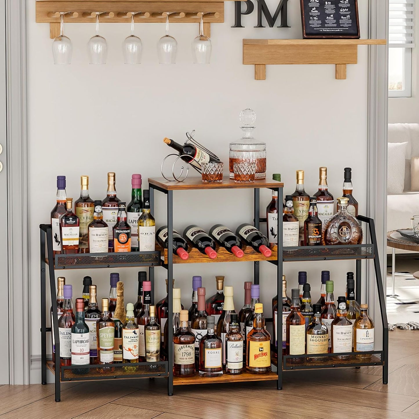 Liquor Cabinet with Fences, Wine Rack Freestanding Floor, 4 Tier Trapezoidal Bar Stand, Expanded Capacity Bar Cabinet for Liquor & Wine Storage