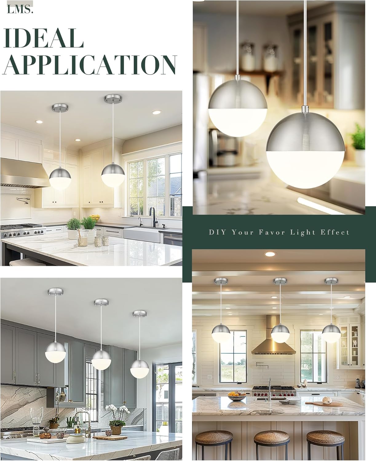 LMS Mid Century Pendant Lights, Brushed Nickel Kitchen Island Light Fixtures with White Globe Glass Shade, Adjustable Hanging Cord, 2-Pack for Home Office Dining Room Bathroom, LMS-186PL-BNWS2PK