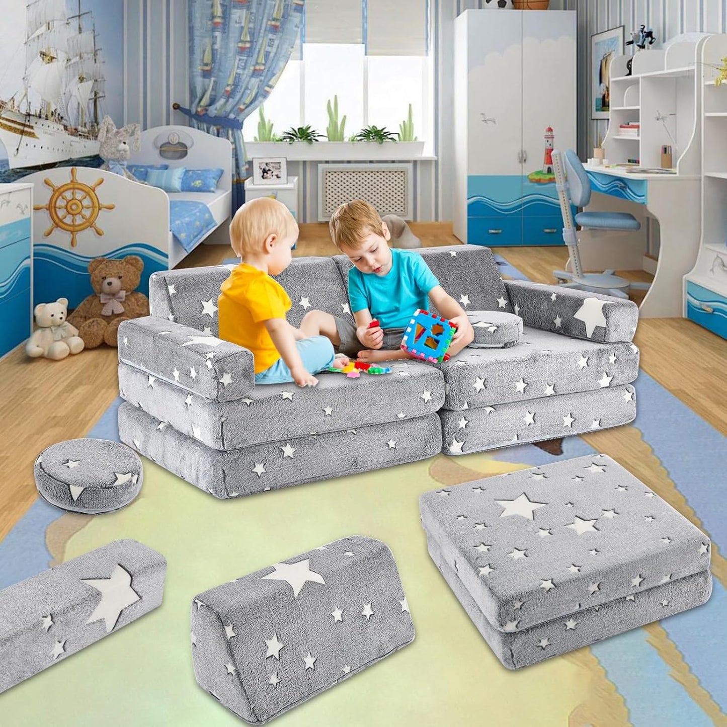 10Pcs Kids Play Couch,Toddler Sofa,Modular Kids Couch for Playing, Creativing, Sleeping (Luminous Color)