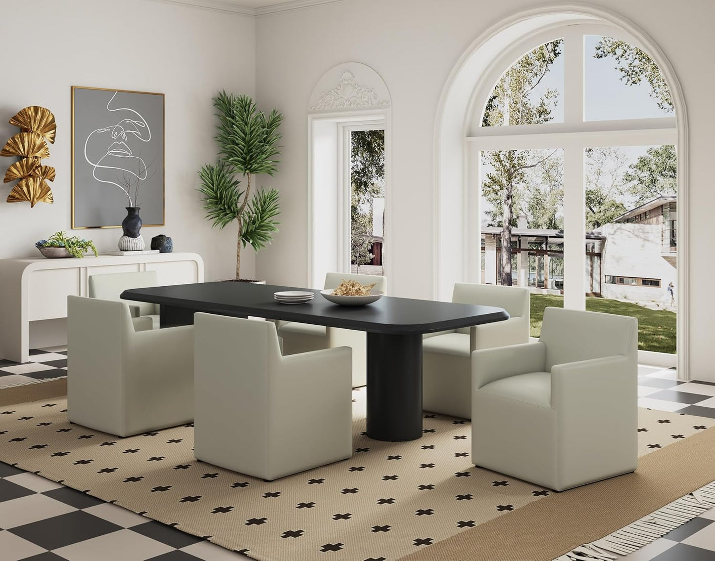 Manhattan Comfort Anna Square Modern Dining Chair with Arms, Head-to-Toe Faux Leather Upholstered Accent Armchair with Plastic Foot Padding, Set of 2, Stone Grey