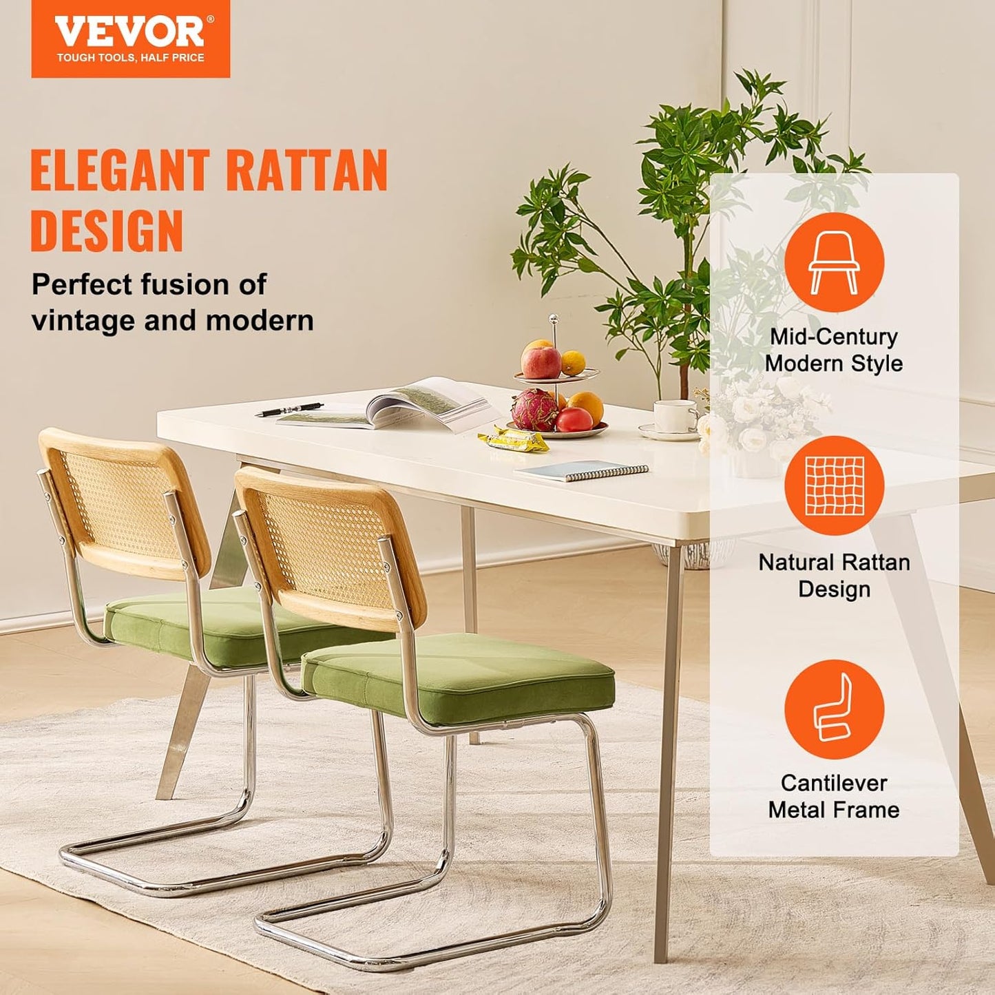 VEVOR Rattan Dining Chairs Set of 2, Mid Century Modern Dining Chair, Upholstered Velvet Accent Chair with Rattan Back, Retro Dining Room Kitchen Chair for Living Room, Bedroom (18.1 Inch)