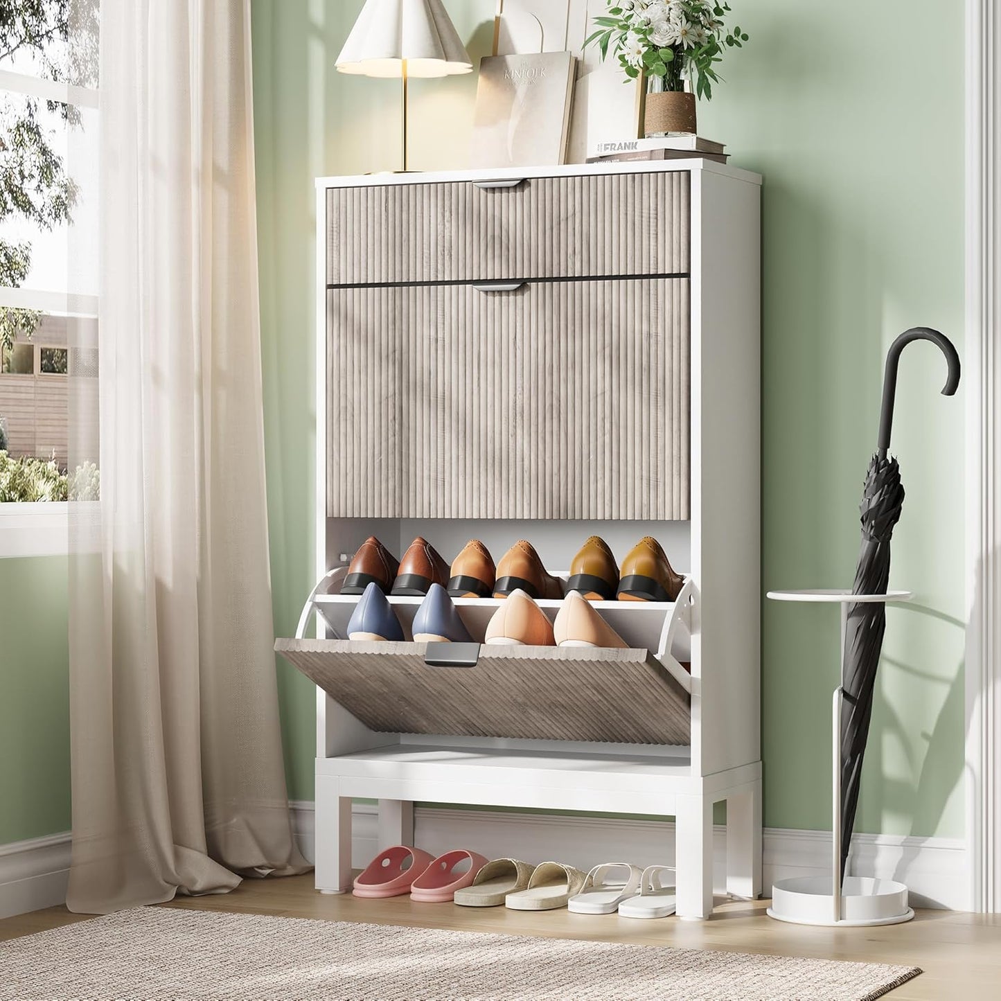 GarveeHome Shoe Storage Cabinet with 2 Flip Drawers, Farmhouse Fluted Shoe Organizer with Metal Legs, Freestanding Hidden Slim Narrow Shoe Rack for Entryway, Foyer, Hallway