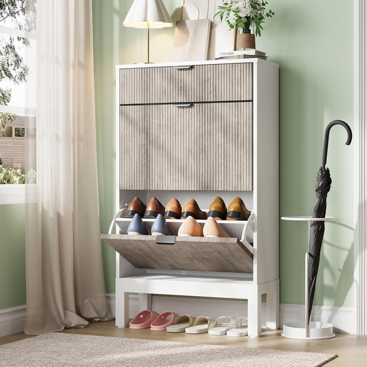 GarveeHome Shoe Storage Cabinet with 2 Flip Drawers, Farmhouse Fluted Shoe Organizer with Metal Legs, Freestanding Hidden Slim Narrow Shoe Rack for Entryway, Foyer, Hallway