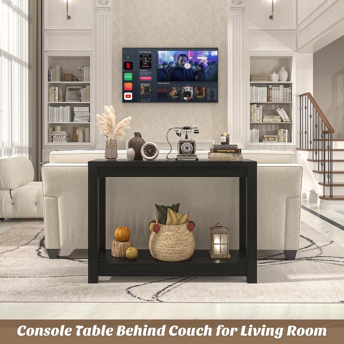 Small Farmhouse Wood Entryway Table Narrow Console Table with Storage Behind Couch Sofa Table with Shelves Entry Way Table with Open Storage, Easy Assembly, 32" Embossed Wood Grain Black