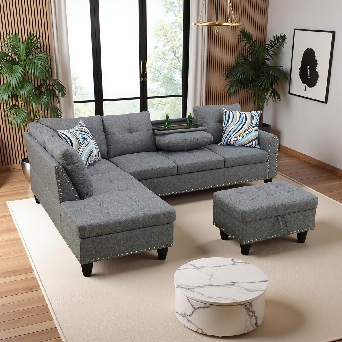 97.5" Oversized Sectional Couch, L Shaped Couch with Storage Ottoman, Modern Modular Sofa with Deep Seat, Sectional Couches for Living Room and Office, Grey (Linen)